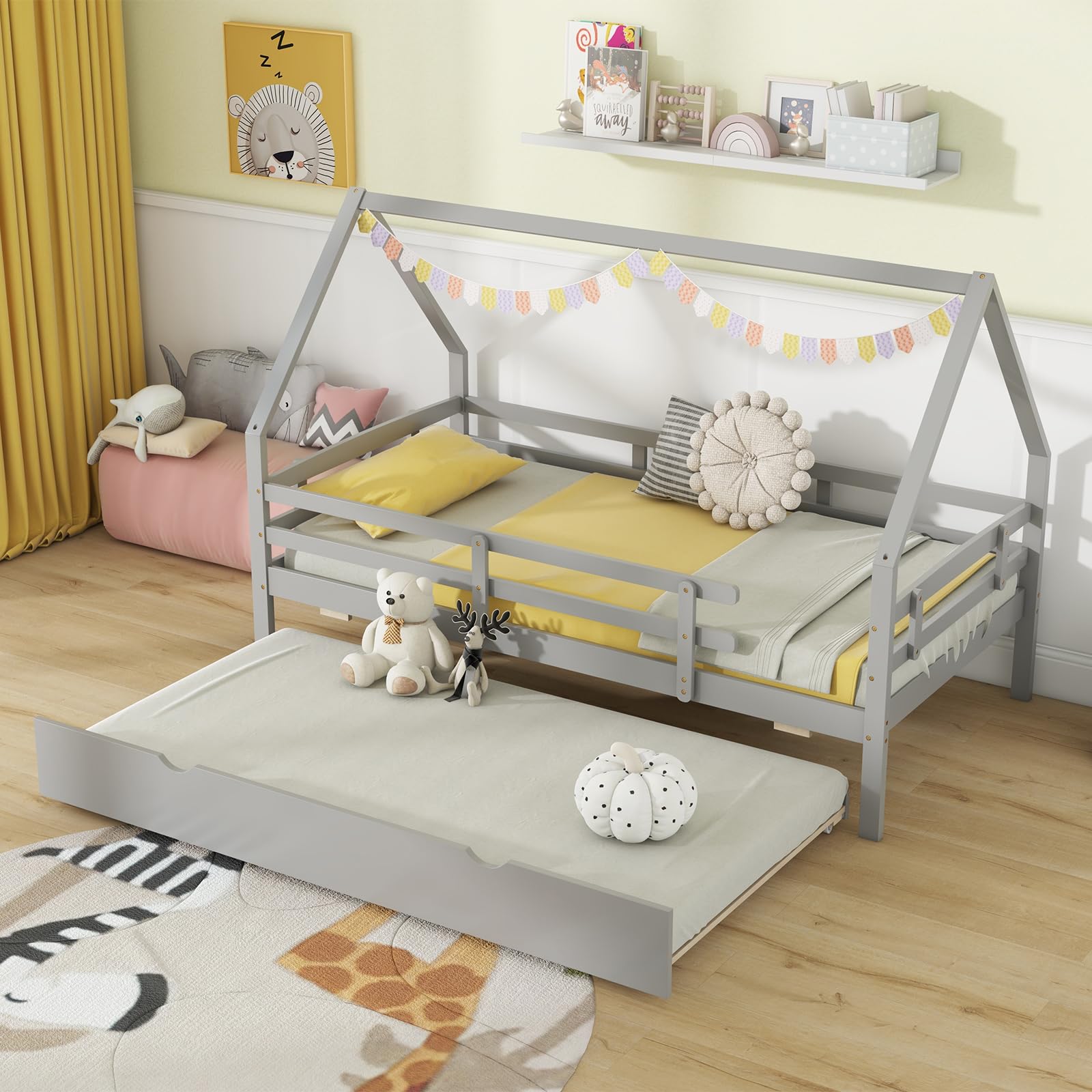 House Bed with Trundle Wood Bed Frame with Safety Rails & Roof