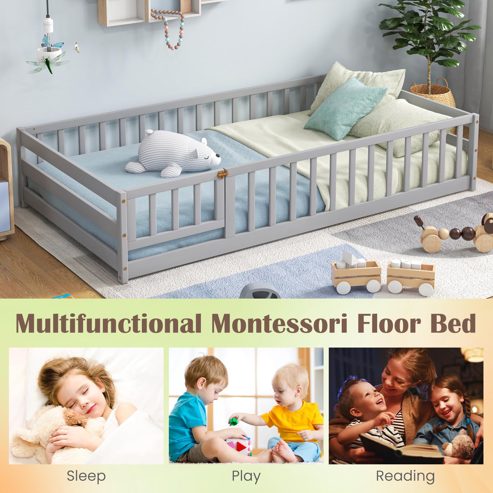 Twin Floor Bed with Door & Fence, Kids Wood Montessori Bed with Safety Guardrails