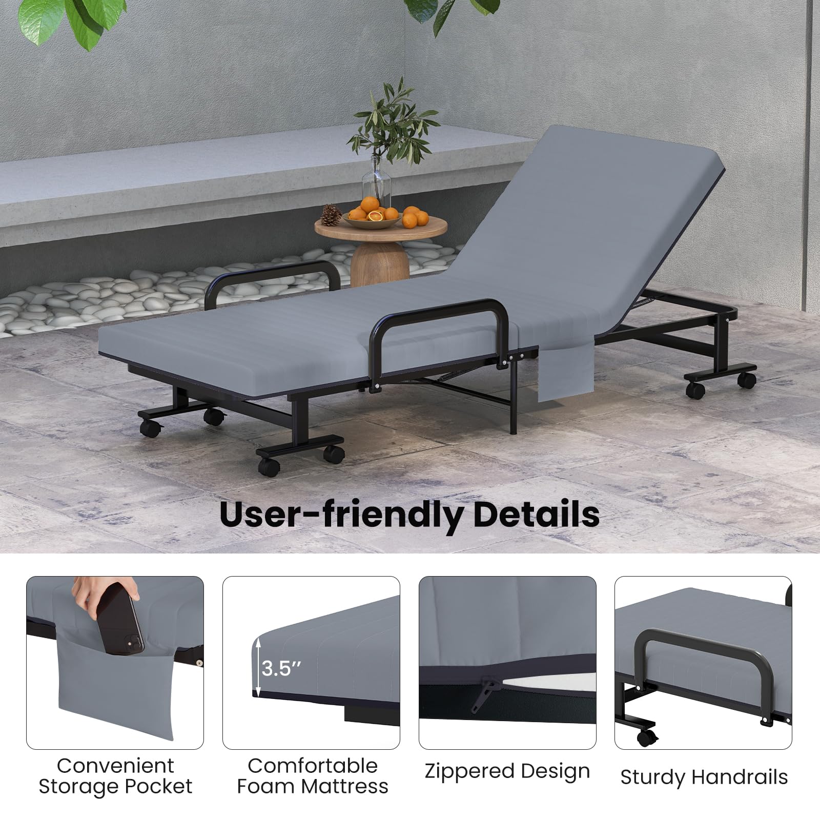 Portable Guest Bed with 6 Positions Adjustable Backrest & Side Storage Pocket