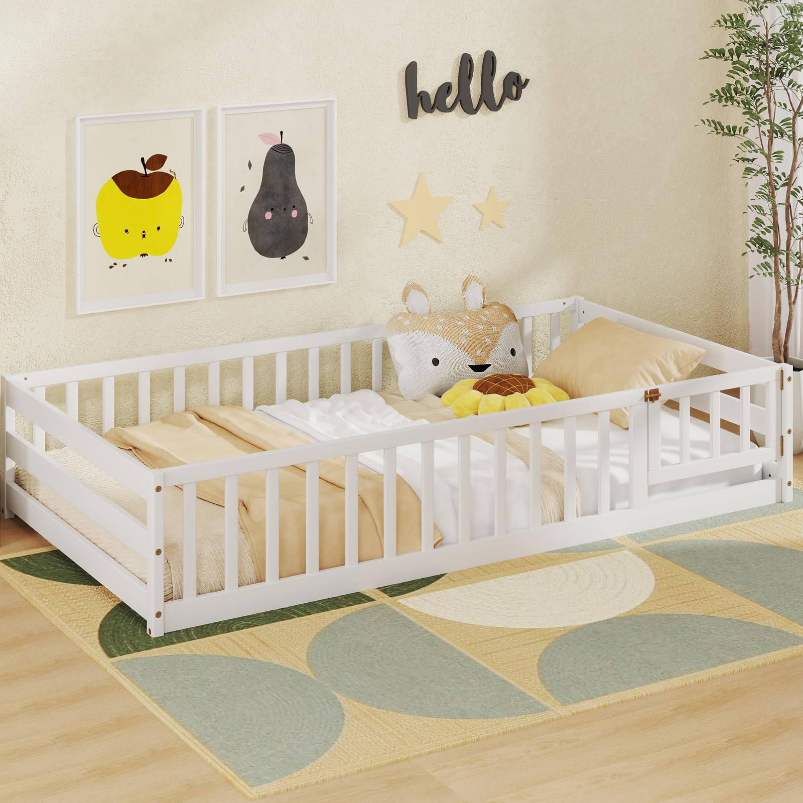 Twin Floor Bed with Door & Fence, Kids Wood Montessori Bed with Safety Guardrails