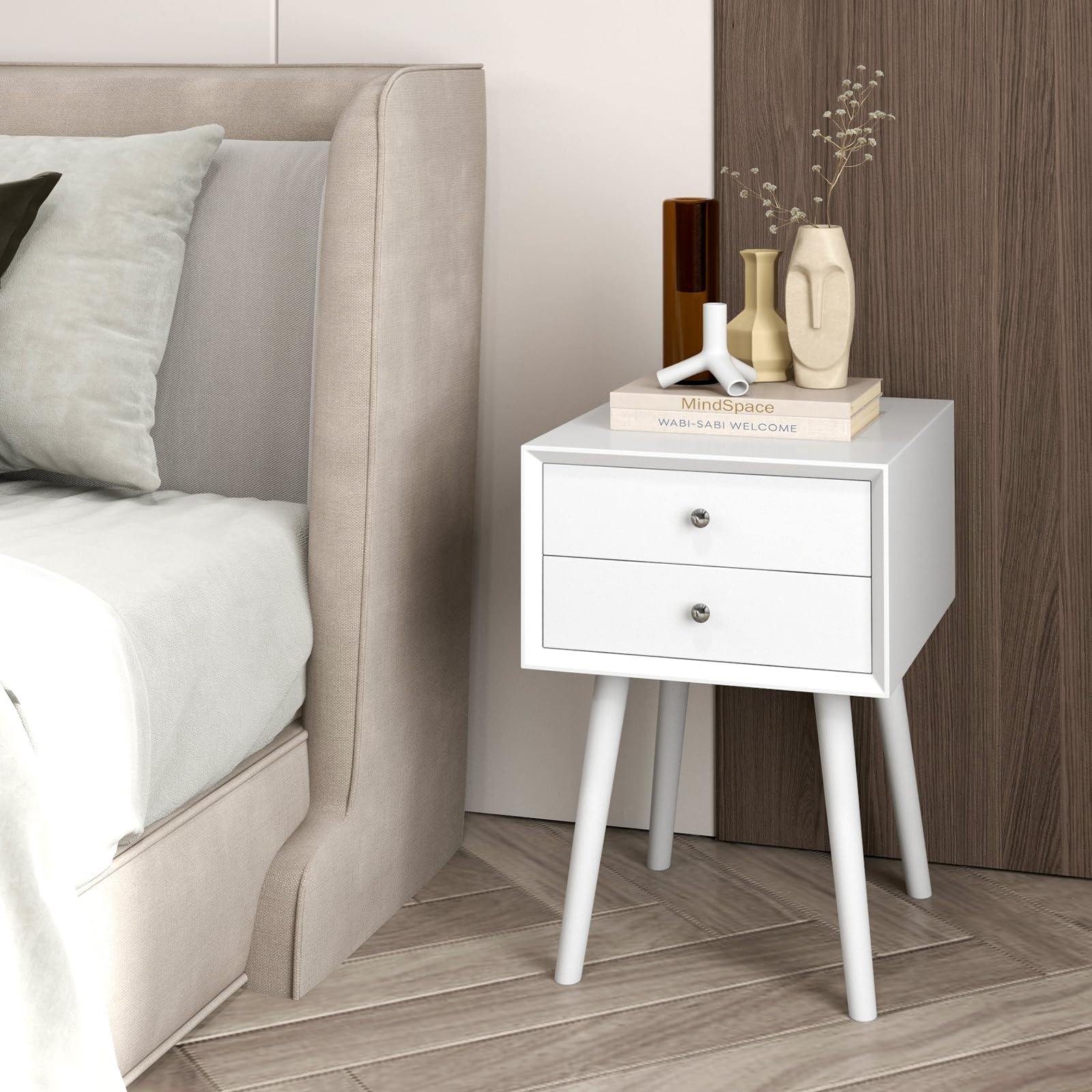 2-Drawer Nightstand, Mid-Century Modern Bed Side Table with Storage