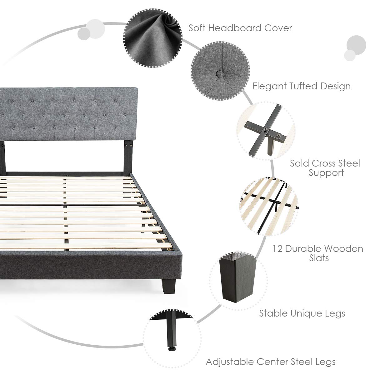 Shalini Upholstered Panel Platform Bed Frame with Diamond Stitched Linen Panel Headboard