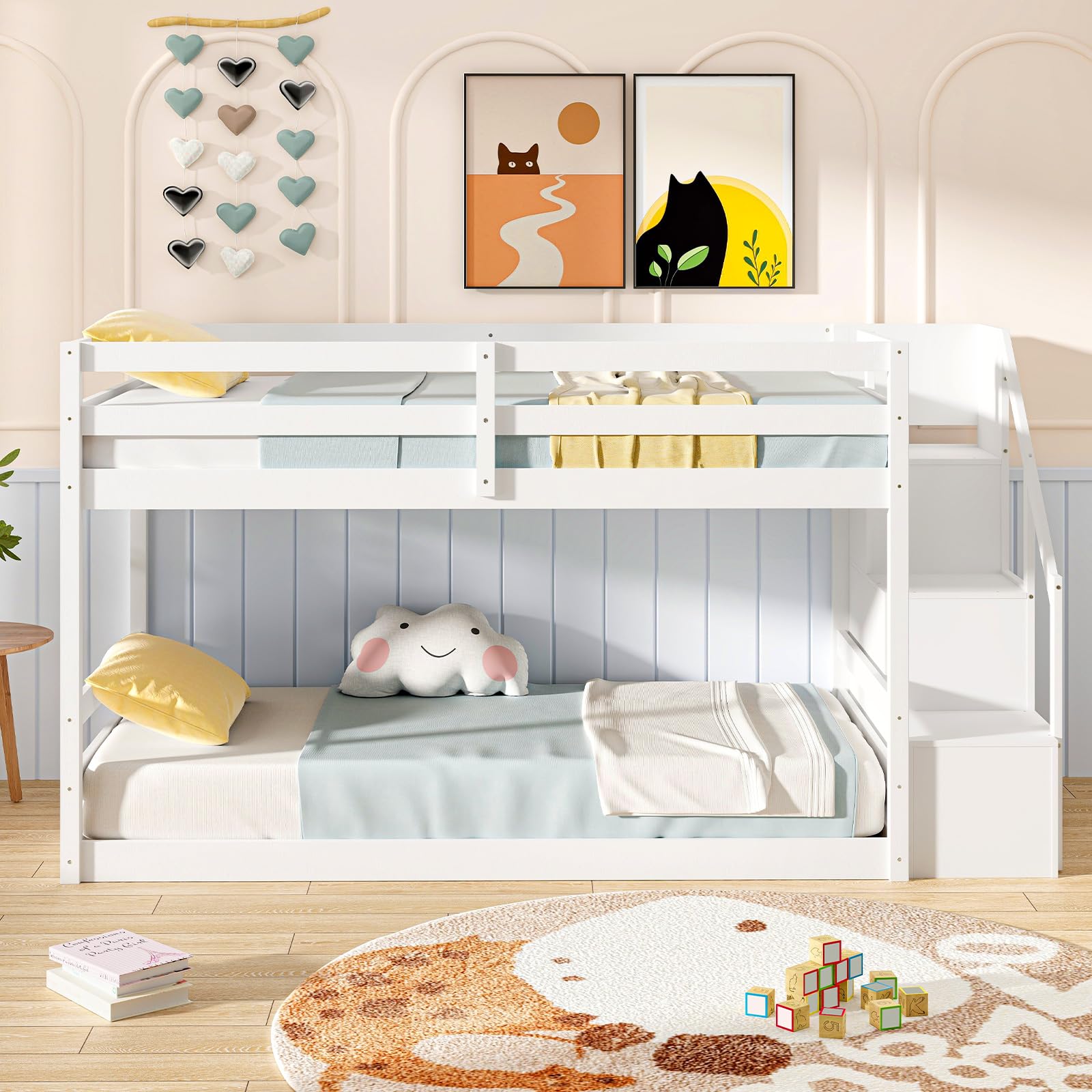 Bunk Bed with Stairs, Solid Wood Floor Bunk Bed with Storage Staircase & Full-Length Guardrails