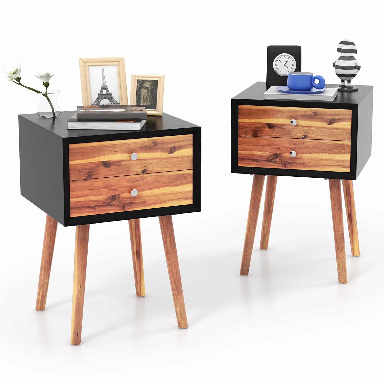 2-Drawer Nightstand, Mid-Century Modern Bed Side Table with Storage