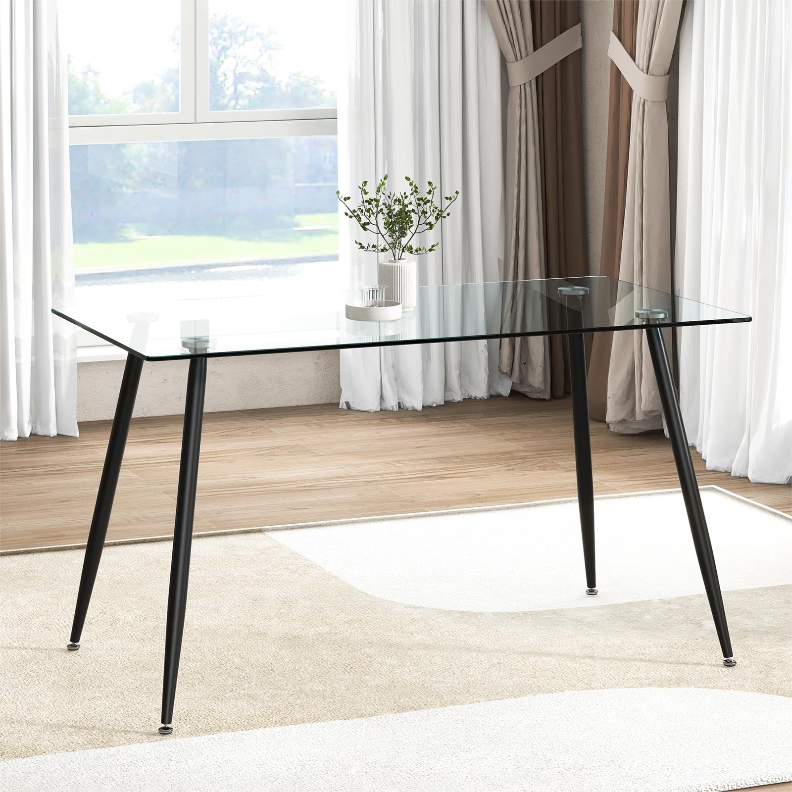 Glass Dining Table, Modern Rectangular Table with Spacious Tempered Glass Tabletop