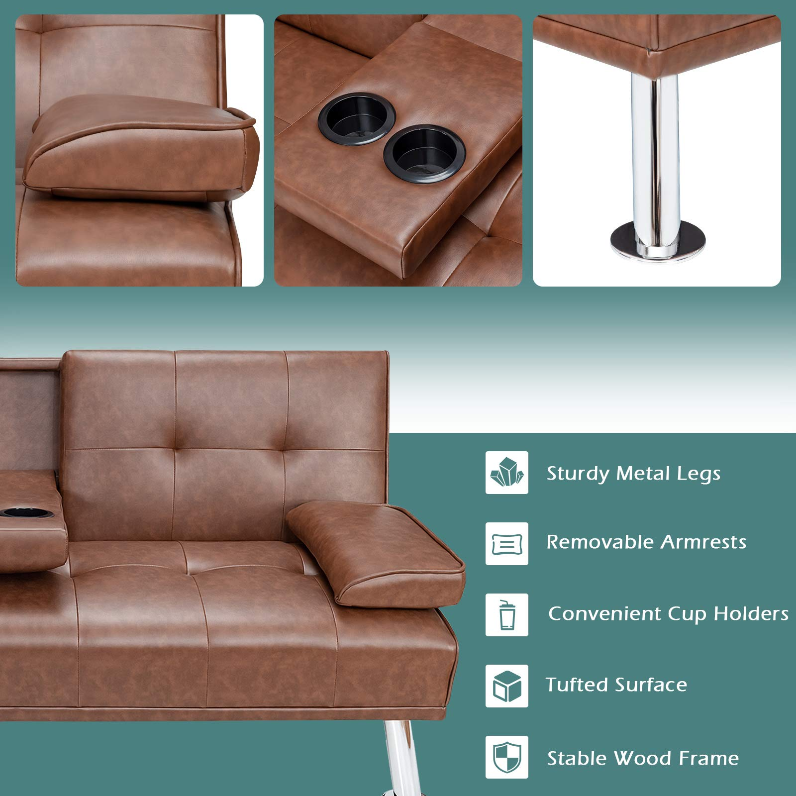 Leather Convertible Futon Sofa Bed with Removable Armrests and 2 Cup Holders