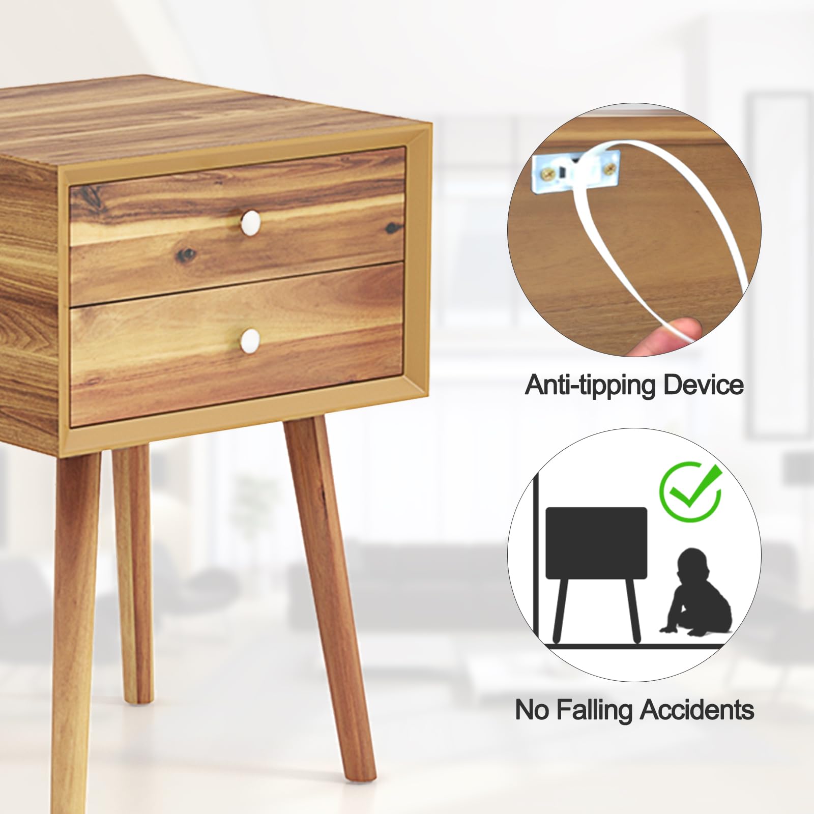 2-Drawer Nightstand, Mid-Century Modern Bed Side Table with Storage