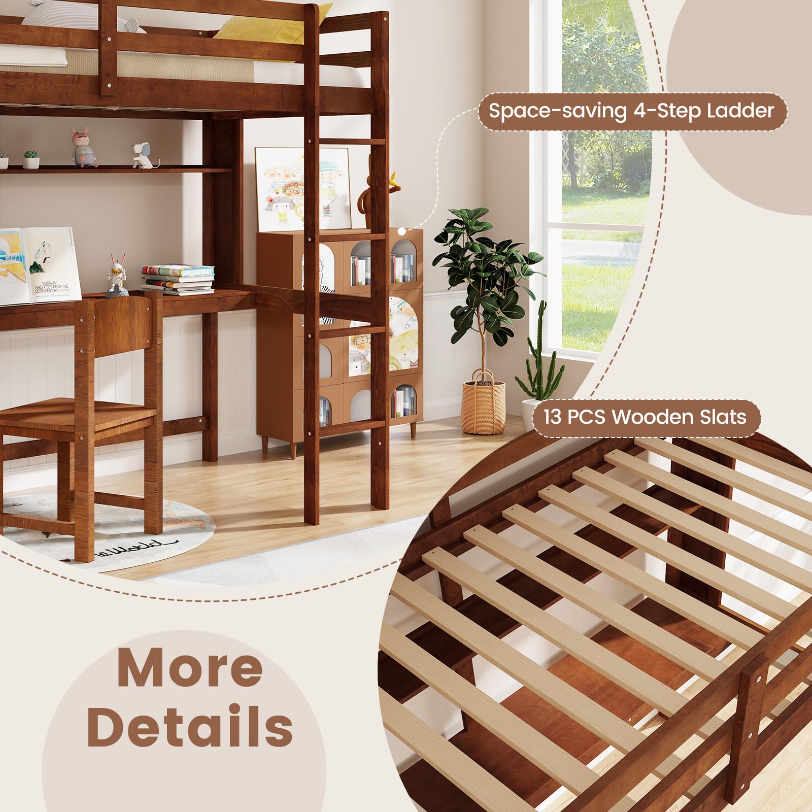 Twin Size Loft Bed with Desk, Bookshelf, Full Length Safety Guardrail & Ladder
