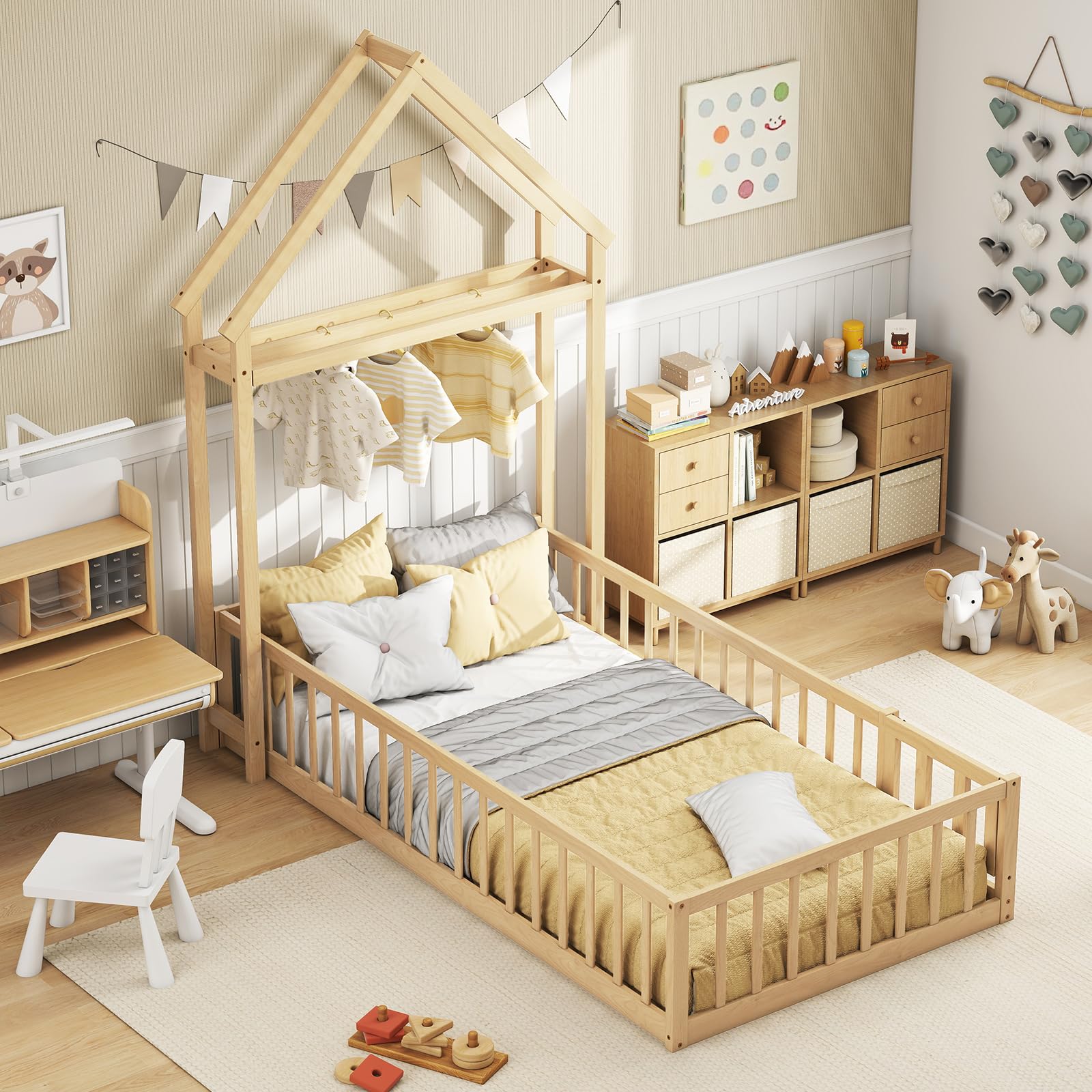 Twin Size Floor Bed with House-Shaped Headboard（Twin with Headboard）