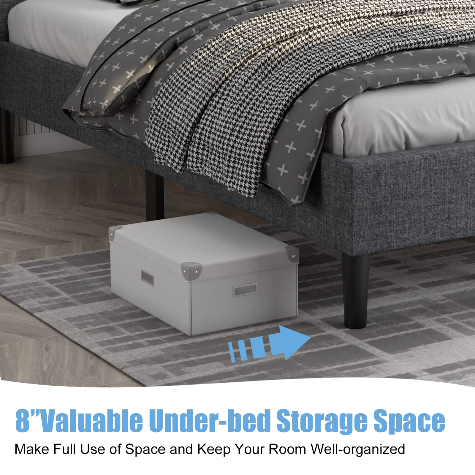 Twin Size Linen Upholstered Platform Bed Frame with Button Tufted Headboard and Wooden Slats