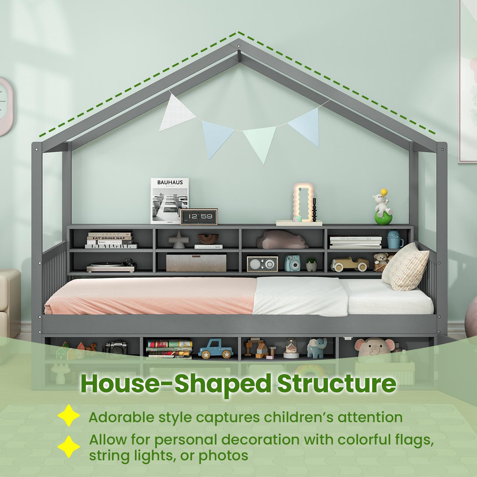 Twin Size House Bed with Storage, Wooden Montessori House Bed with 14 Storage Cubes, Enclosed Cabinet, Wood Slats & Fencing