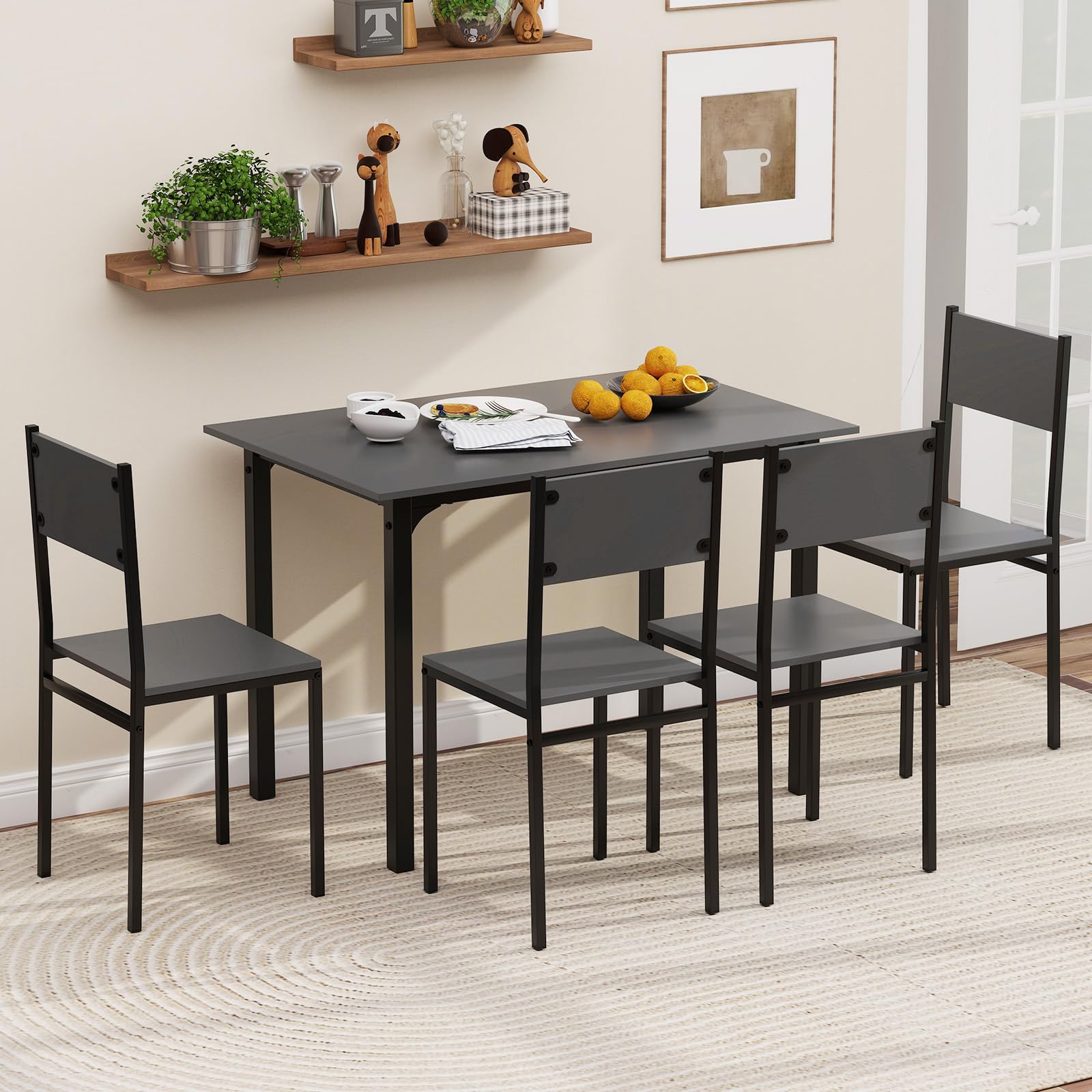 5-Piece Dining Table Set, Industrial Kitchen Table and Chairs for 4 with Backrest and Metal Frame