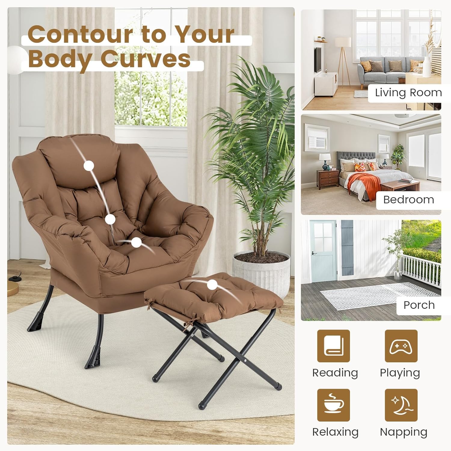 Lazy Sofa Chair with Ottoman, Upholstered Leisure Lounge Armchair with Folding Footrest, Side Storage Pocket