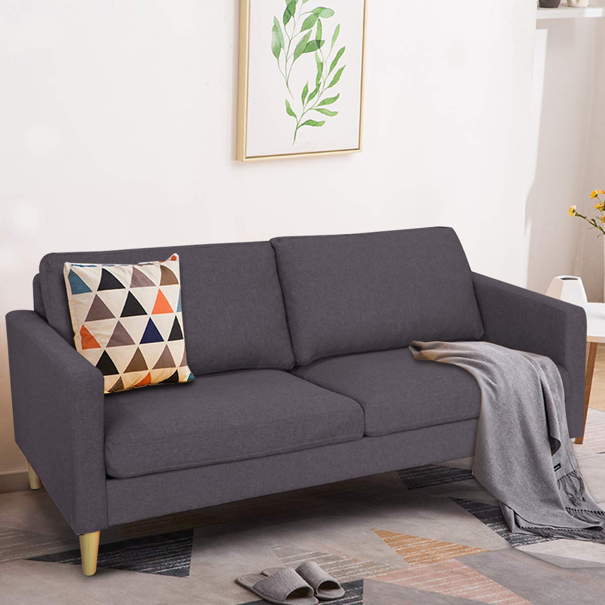 Modern Upholstered Fabric Accent Futon Sofa Bed w/Wood Leg and Armrest