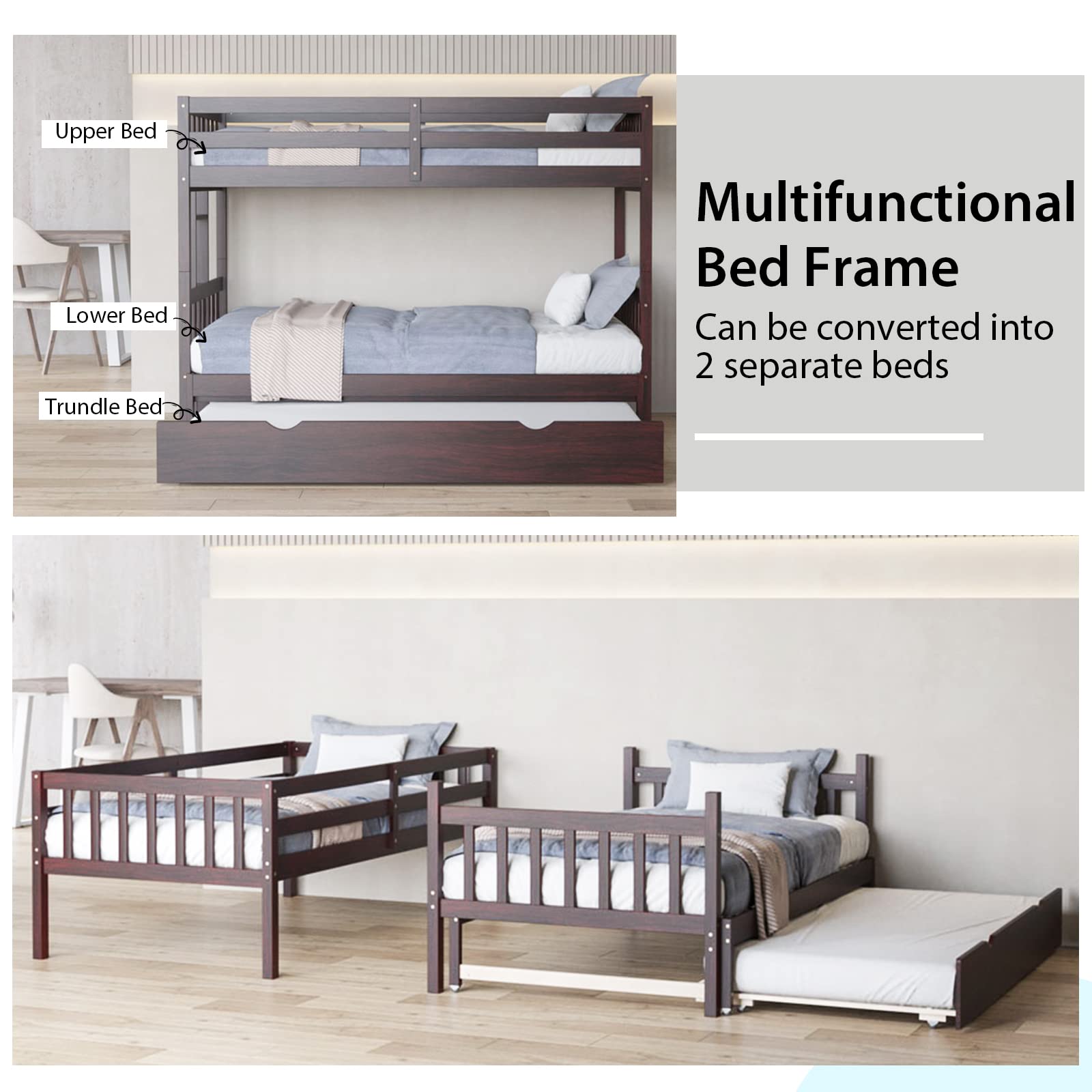 Twin Over Full Bunk Bed with Trundle,  Extendable Twin/Full/Queen/King Bunk Bed