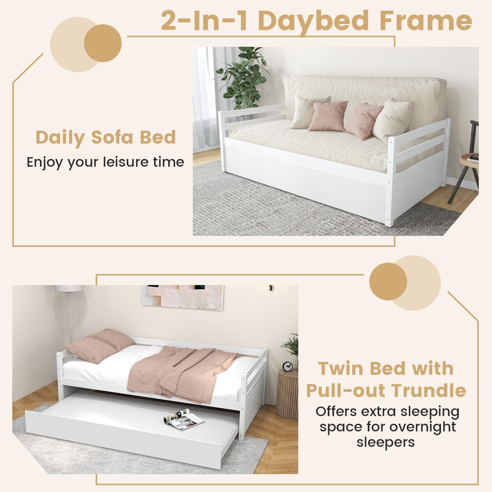 Twin Daybed with Trundle, Wood Trundle Bed with Wood Slat Support