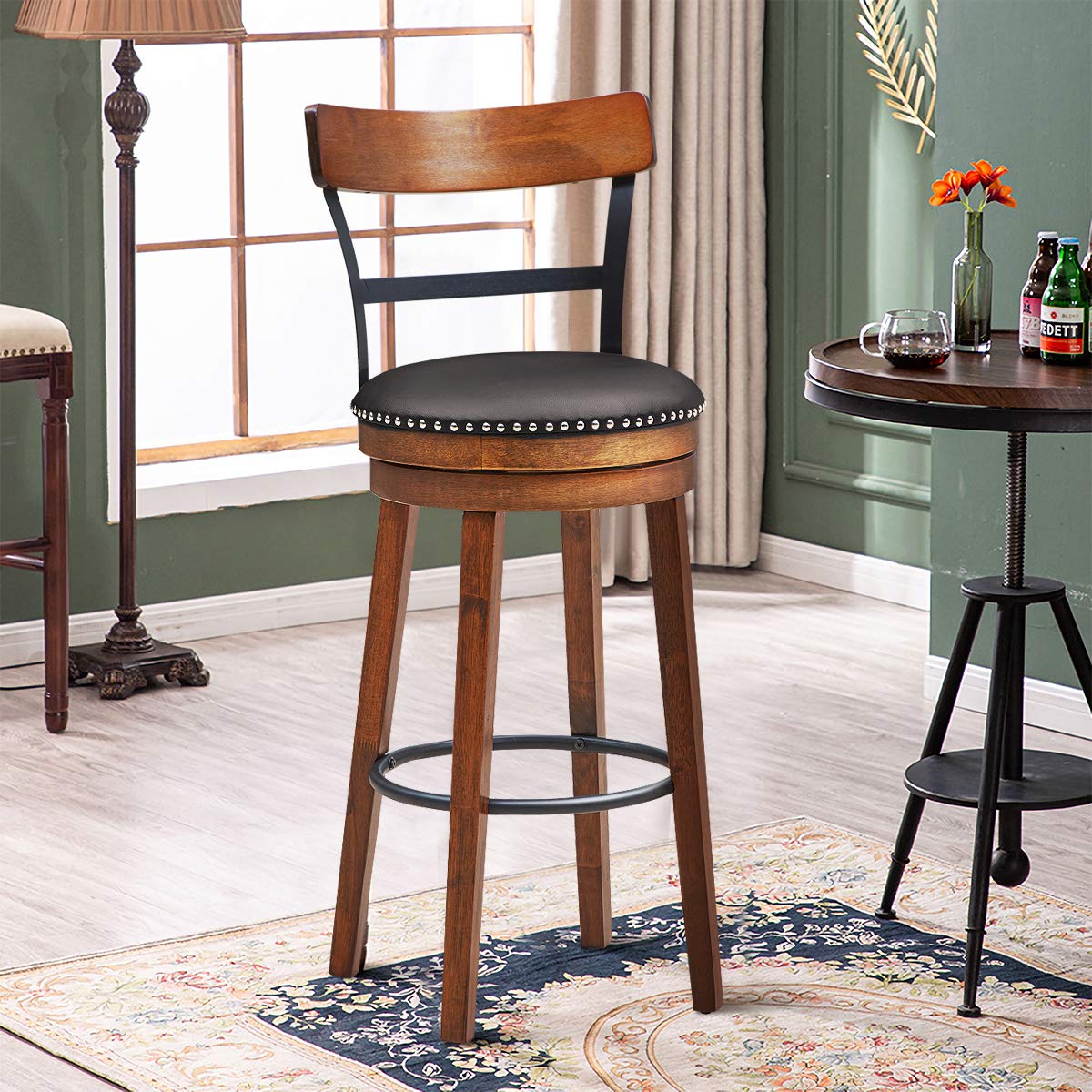 Bar Stools Set of 1/2/4, 360-Degree Swivel Stools with Leather Padded Seat, Single Slat Ladder Back & Solid Rubber Wood Legs