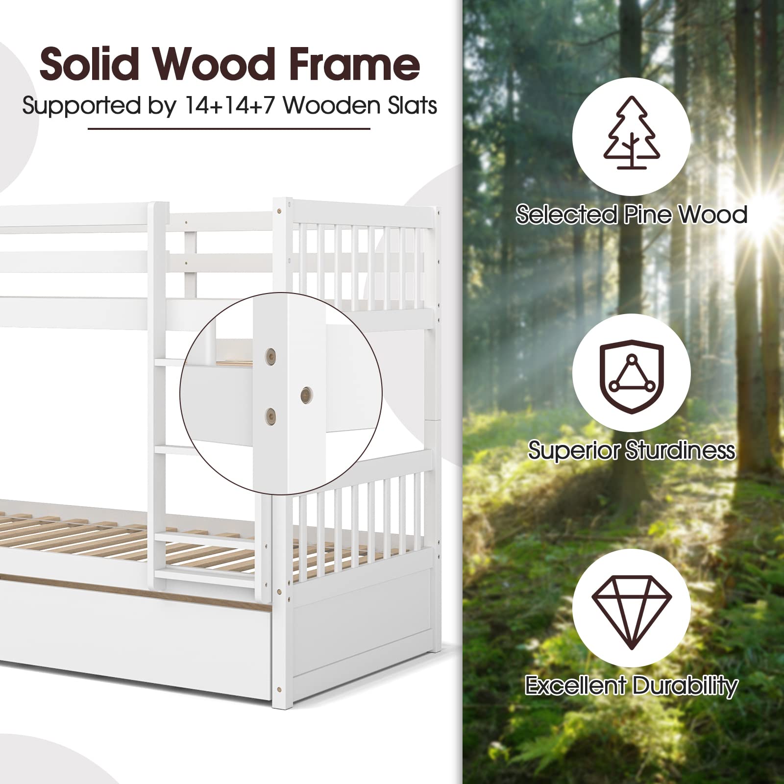 Twin Over Twin Wood Bunk Bed with Trundle, 2-in-1 Convertible Bunk Bed with Ladder & Solid Wood Frame