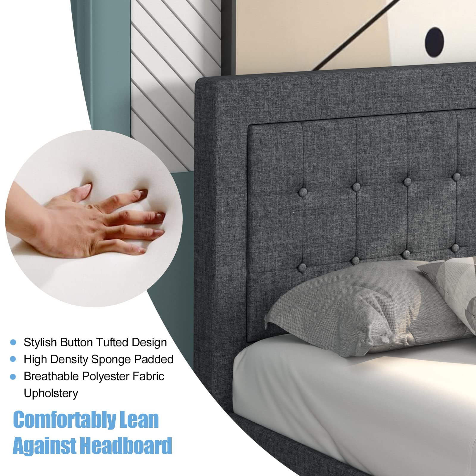 Twin Size Linen Upholstered Platform Bed Frame with Button Tufted Headboard and Wooden Slats