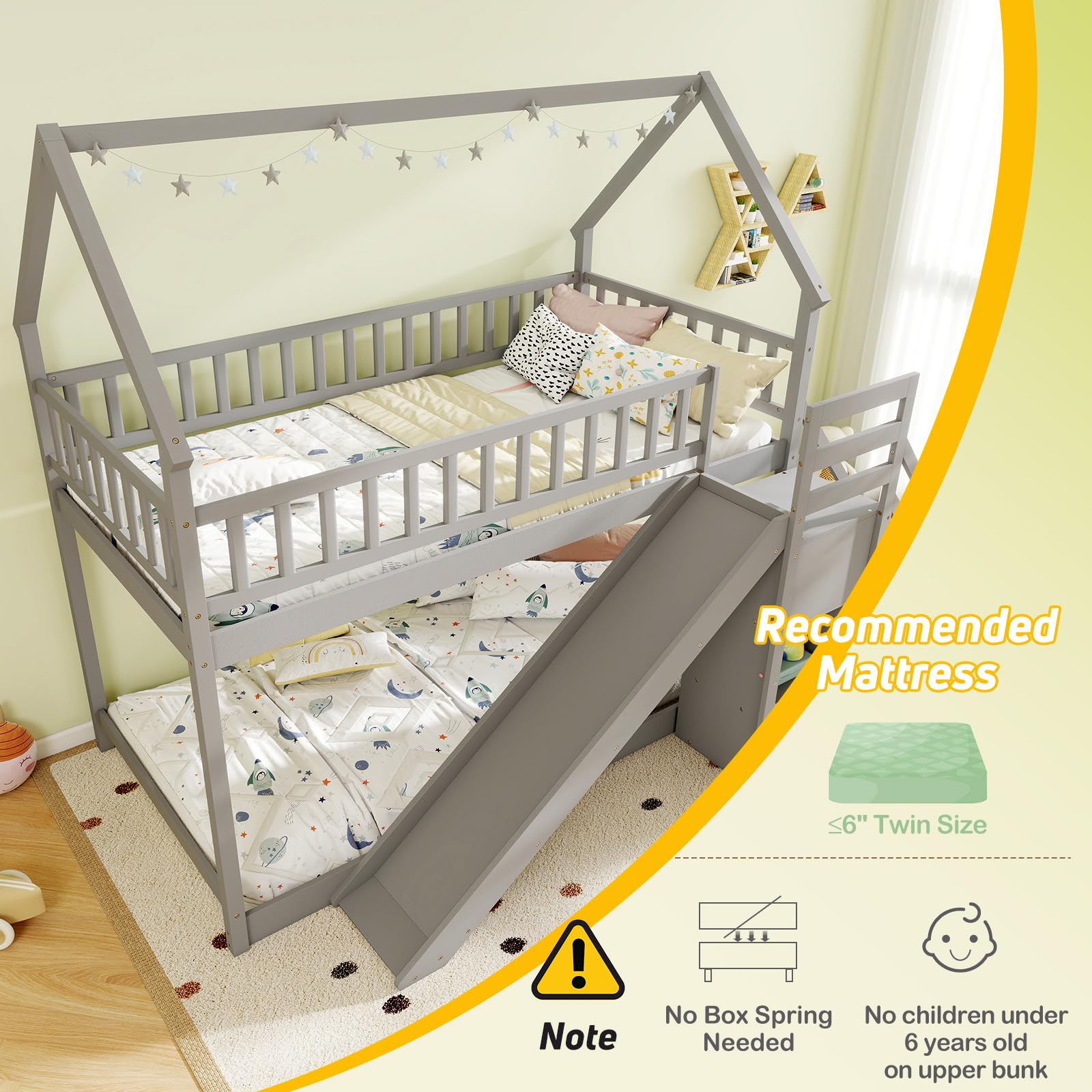 Twin Over Twin  Wood House Bunk Bed with Slide & Stairs, Storage Shelves