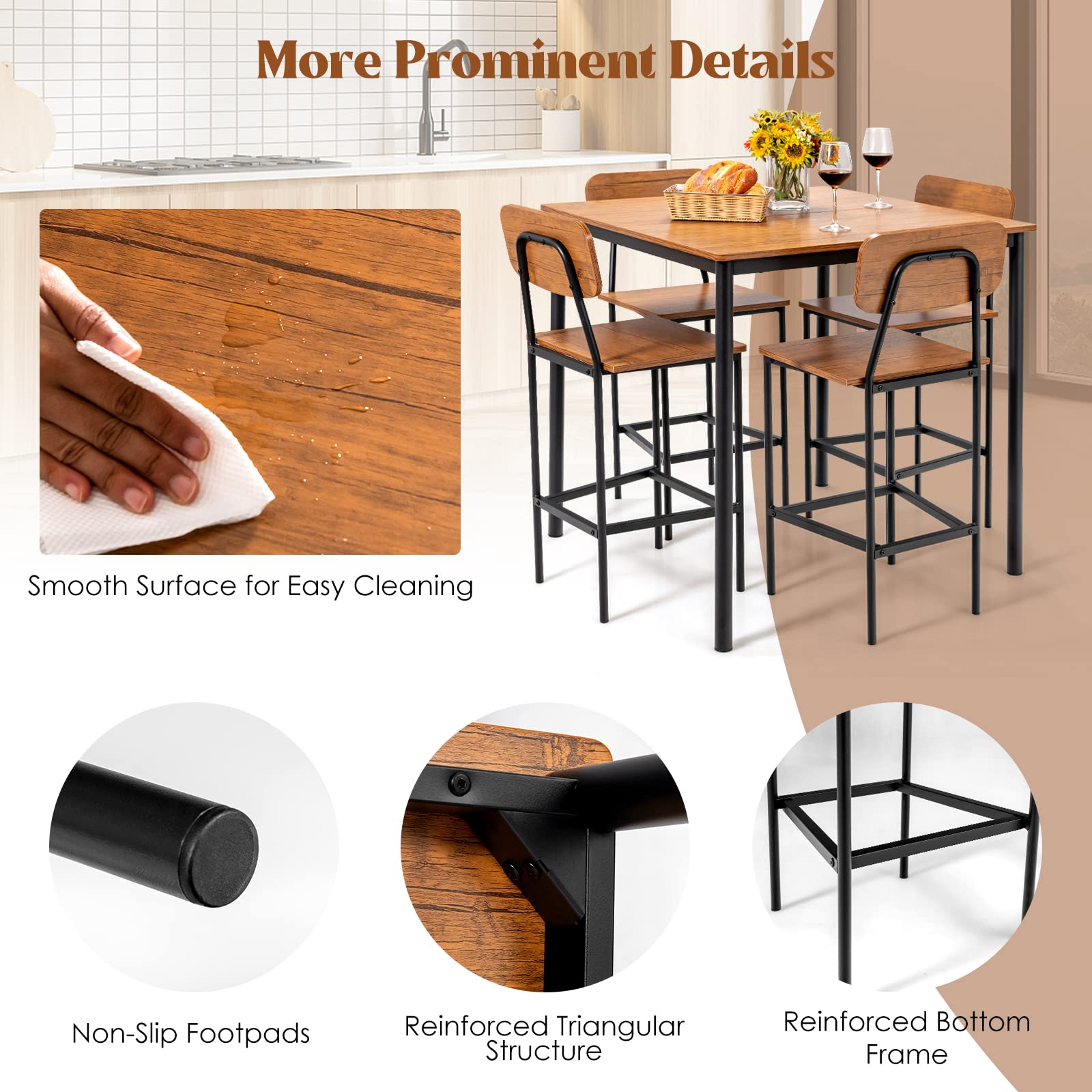 5 Piece Dining Table Set with Counter Height Table & 4 Bar Stools, Industrial Kitchen Dining Table Set  with Footrest & Backrest