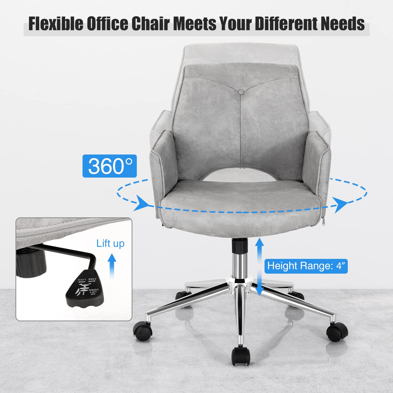 Home Office Desk Chair, Faux Leather Desk Chair with Wheels and Armrests, Height Adjustable