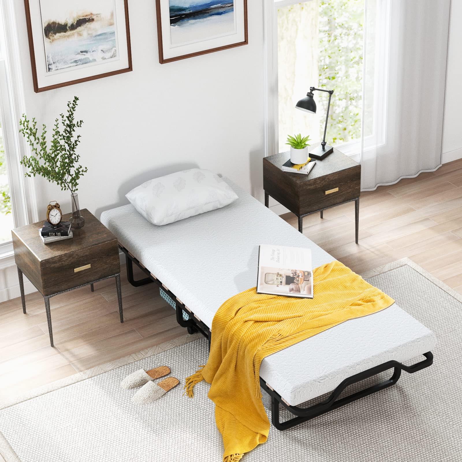 Folding Bed with 4 Inch Mattress for Adults, Cot Size Rollaway Guest Bed w/Memory Foam Mattress & Solid Wood Slats