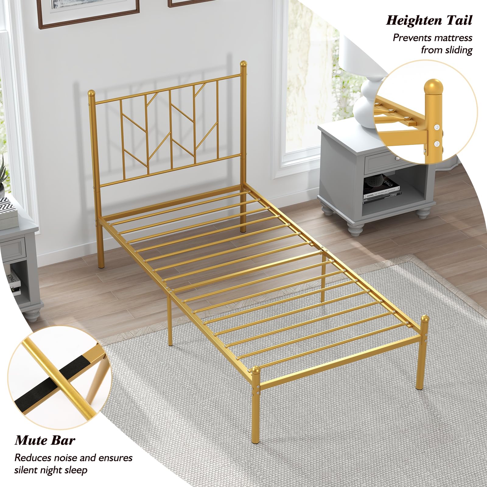 Metal Bed Frame with Victorian Style Headboard, 14 Metal Slats Support