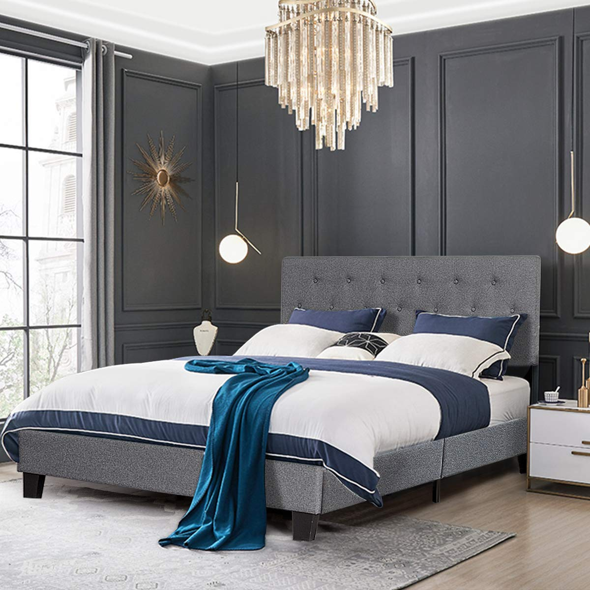 Shalini Upholstered Panel Platform Bed Frame with Diamond Stitched Linen Panel Headboard