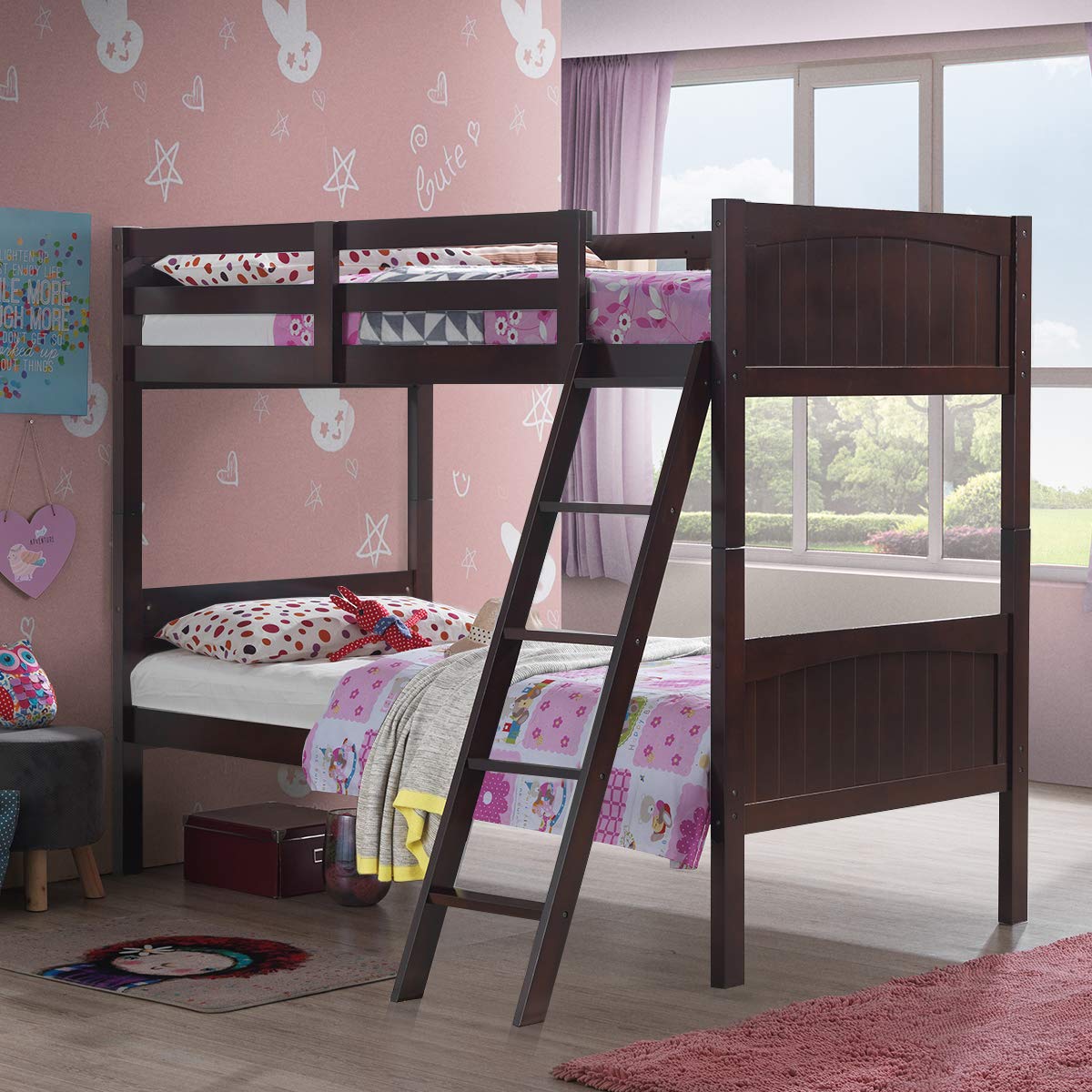 Wood Twin Over Twin Bunk Beds, Convertible 2 Individual Twin Beds for Kids Children