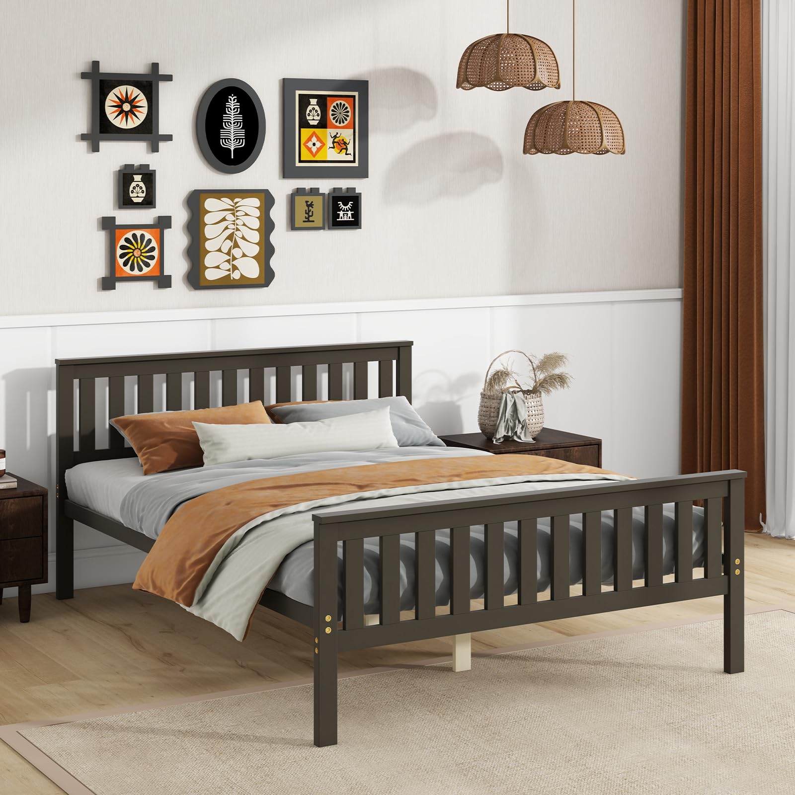 Wood Platform Bed Frame with Headboard, Wooden Slats Support, 12" Under-Bed Storage Space