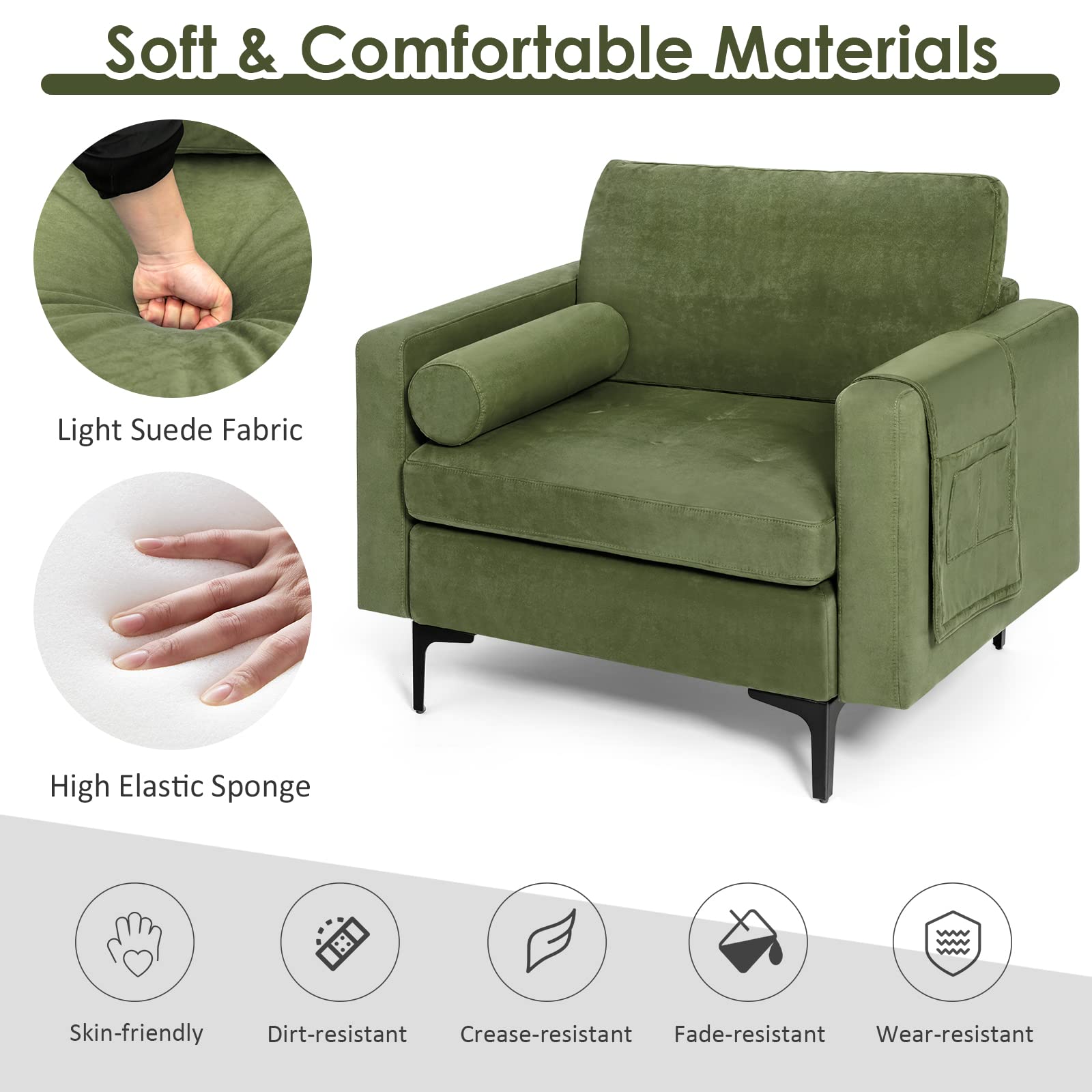 Modern Accent Sofa w/Comfy Cushion Bolster for Bedroom Reception Room