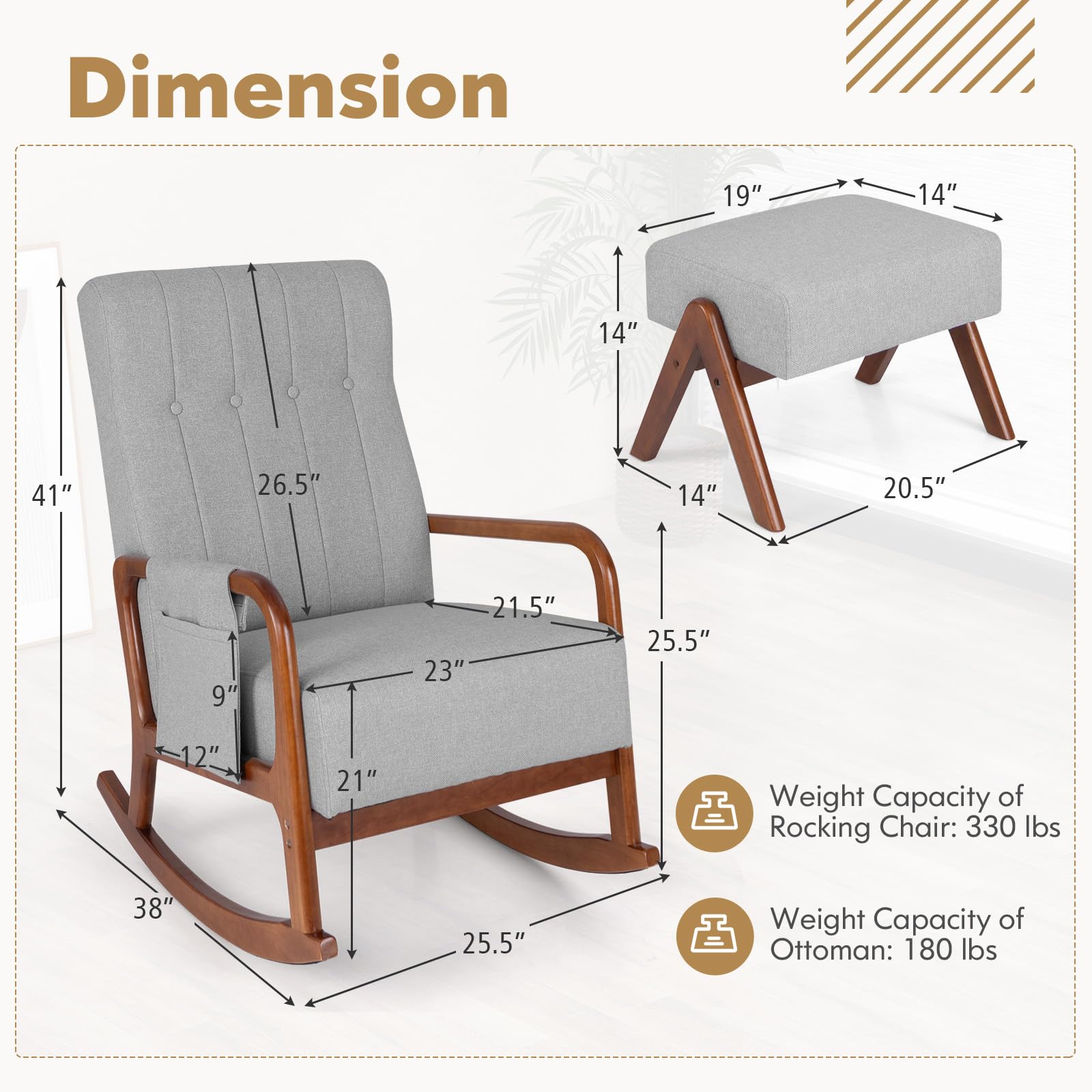 Nursery Rocking Chair with Ottoman, Upholstered Rocker Chair with Side Pocket