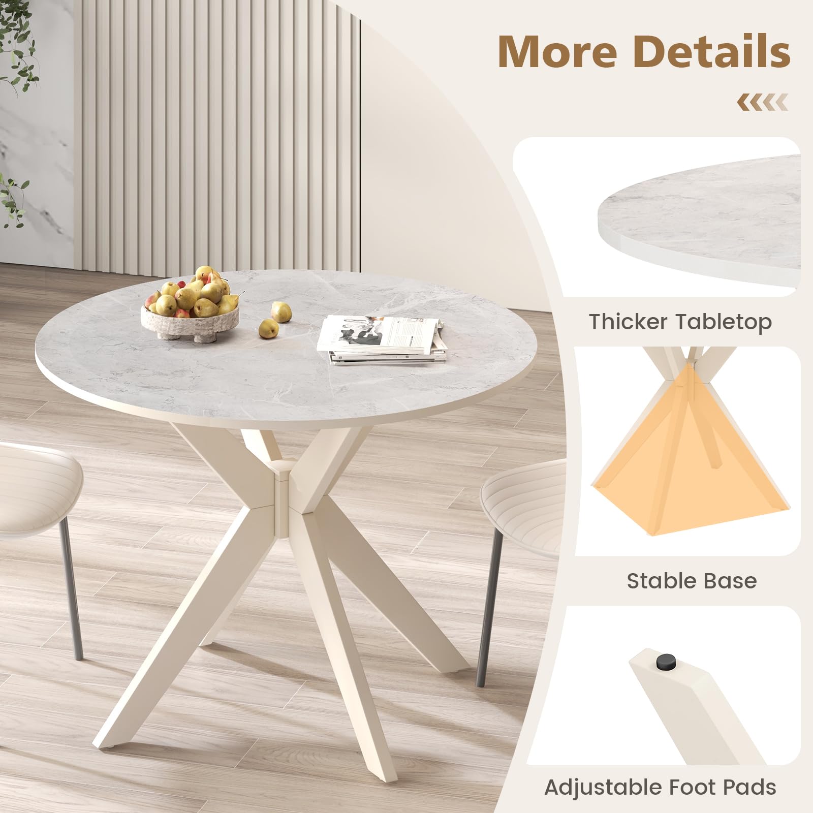 36" Round Dining Table, Solid Wood Kitchen Table with Intersecting Pedestal Base and Adjustable Foot Pads