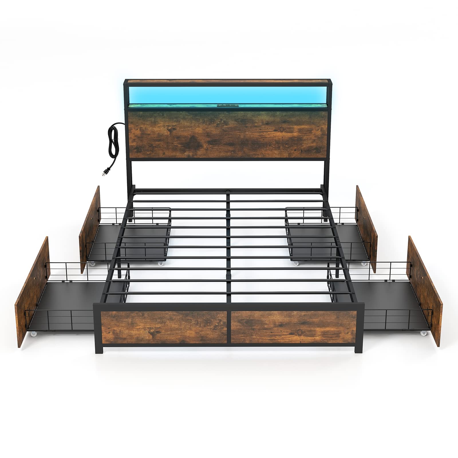 Metal Bed Frame with LED Lights Headboard and 4 Storage Drawers, Outlets and USB Ports Charging Station