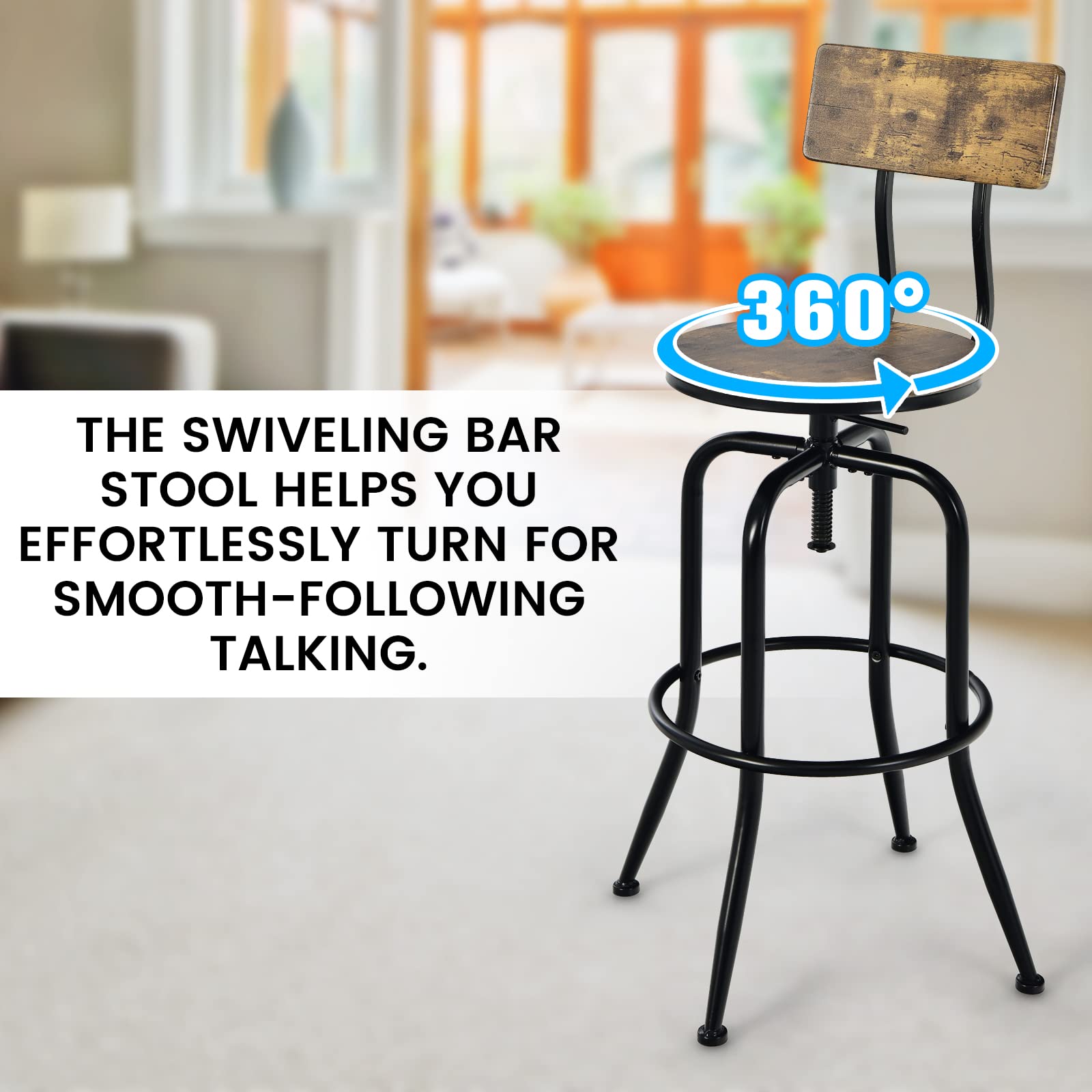 Bar Stools Set of 2/4, Industrial Counter Height Bar Chairs with Height Adjustable Seat, Arc-shaped Backrest & Footrest