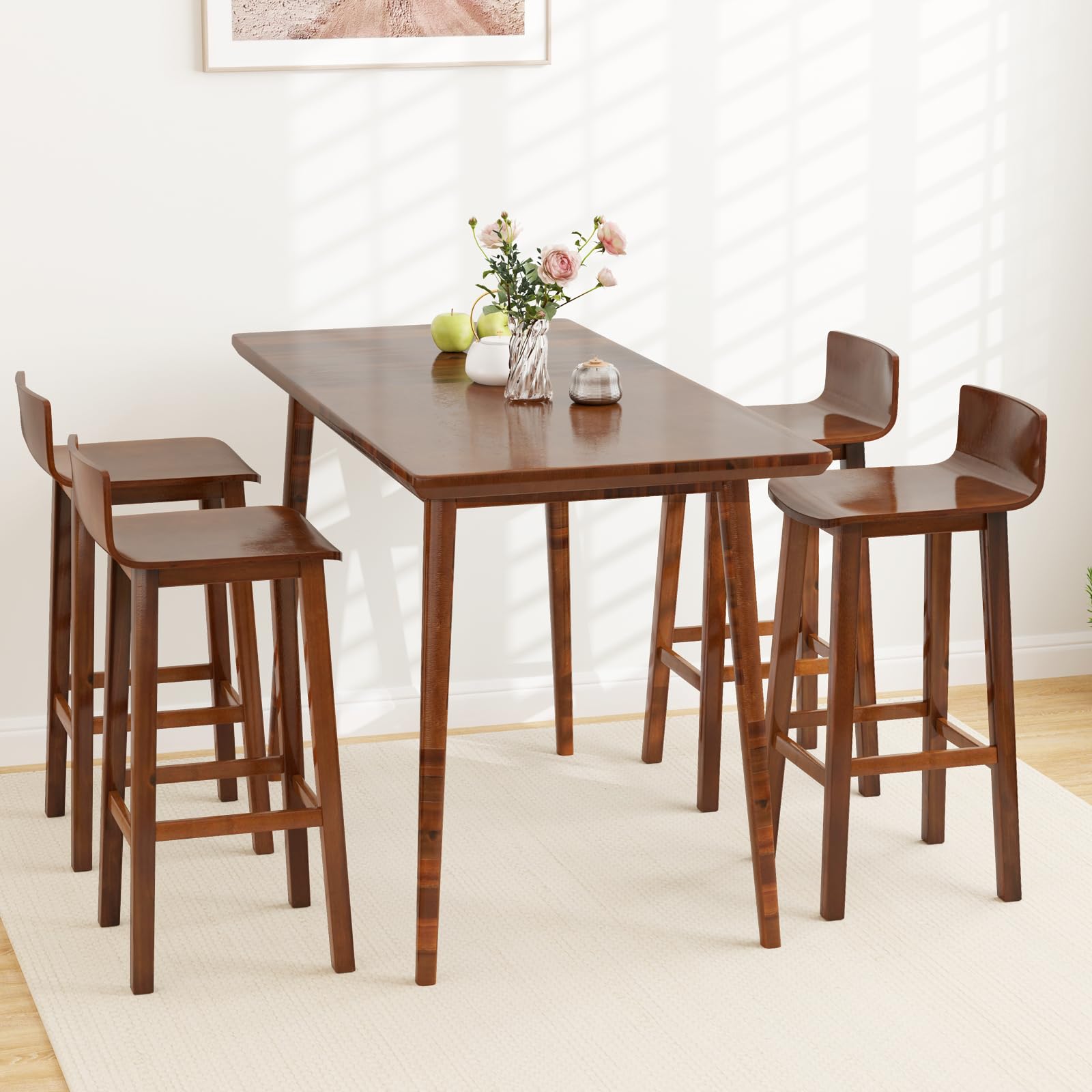 Solid Wood Bar Stools Set of 2/4, Counter Height Chairs with Low Back and Footrest