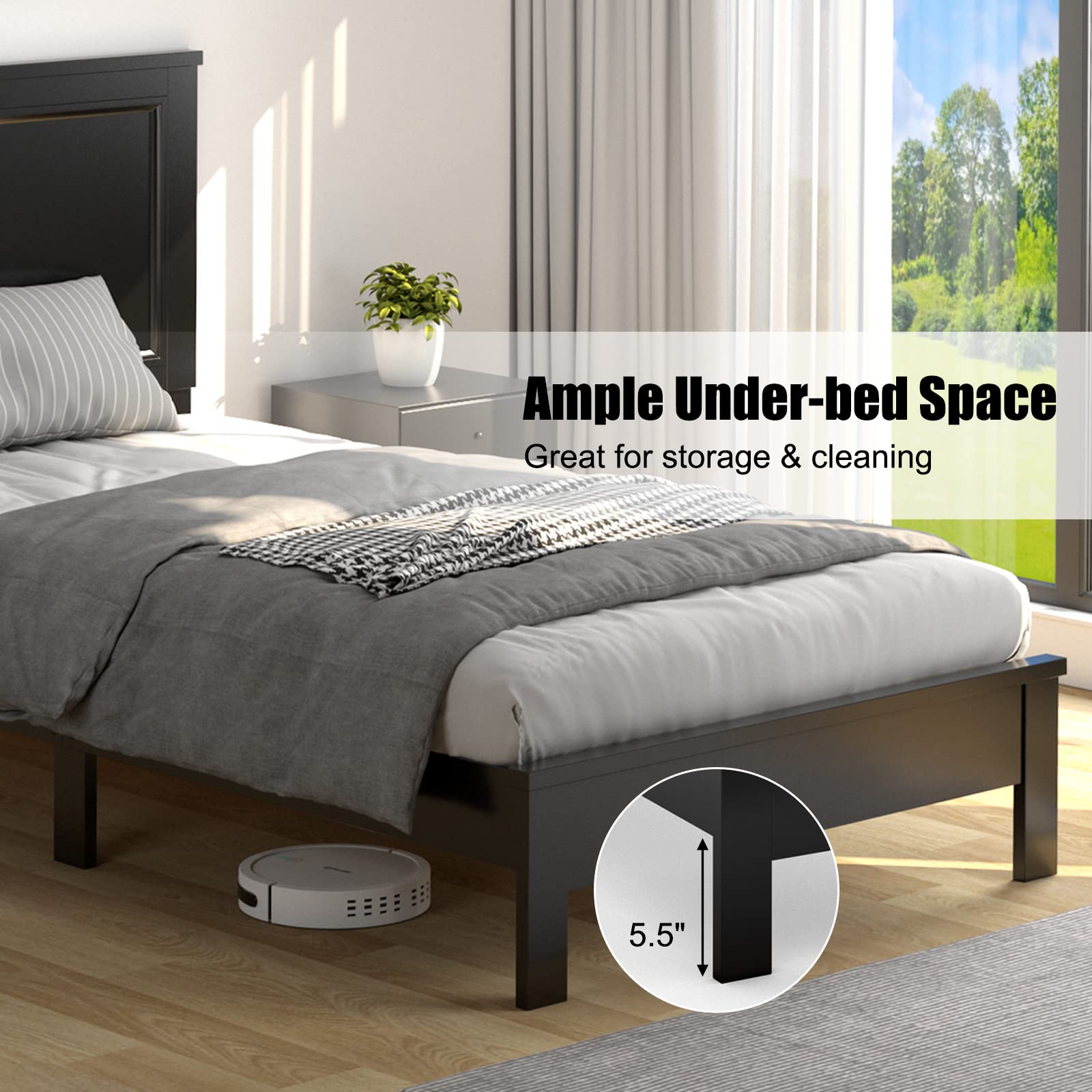 Wood Platform Bed Frame with Headboard, Mid Century Platform Bed Frame with Solid Wood Legs & Wooden Slat Support