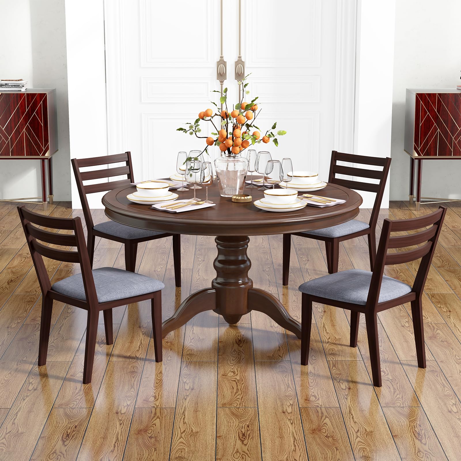 Wood Dining Chairs Set of 2/4, Upholstered Kitchen Chair with Solid Rubber Wood Frame