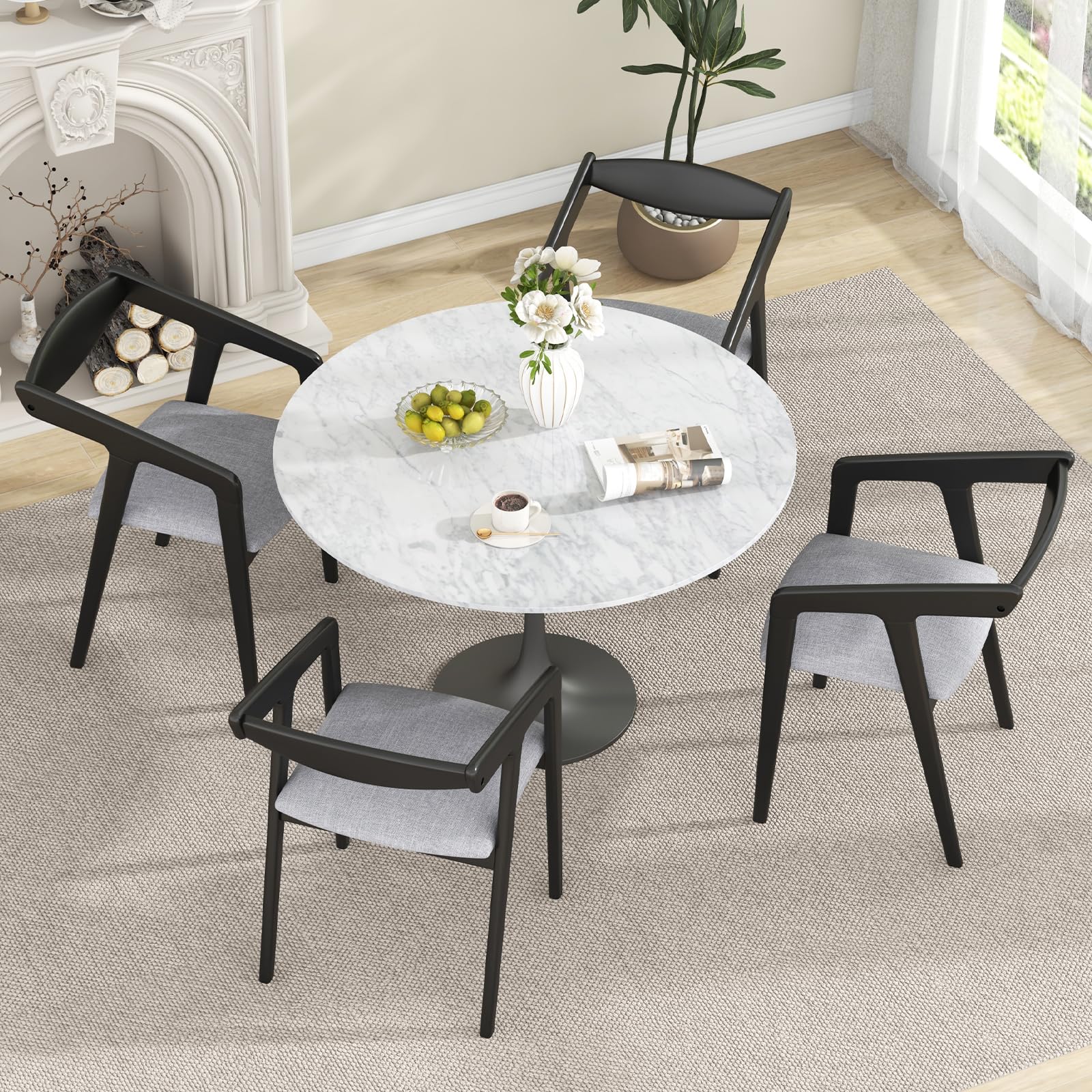 Wooden Dining Chairs Set of 2/4, Linen Fabric Upholstered Kitchen Chairs w/Armrests & Padded Cushion, Rubber Wood Frame