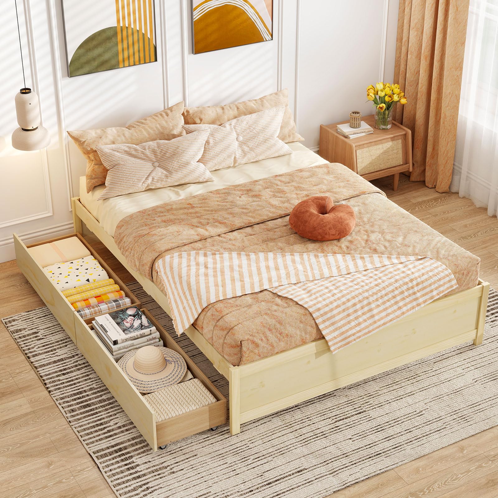 Bed Frame with 2 Storage Drawers, Solid Wood Platform Bed with Slats Support