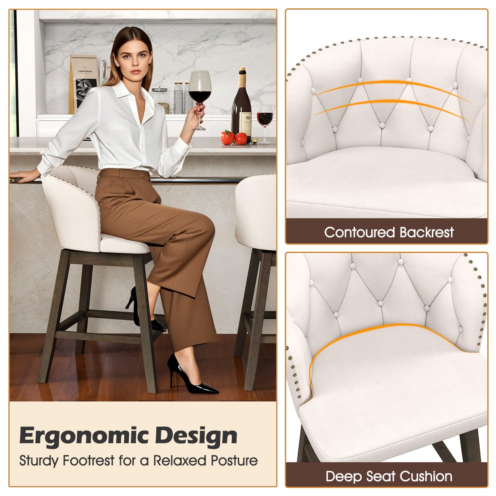 Counter Height Bar Stools Set of 2/4, Fabric Upholstered Island Stools with 360&deg; Swivel Seat & Button-Tufted Back
