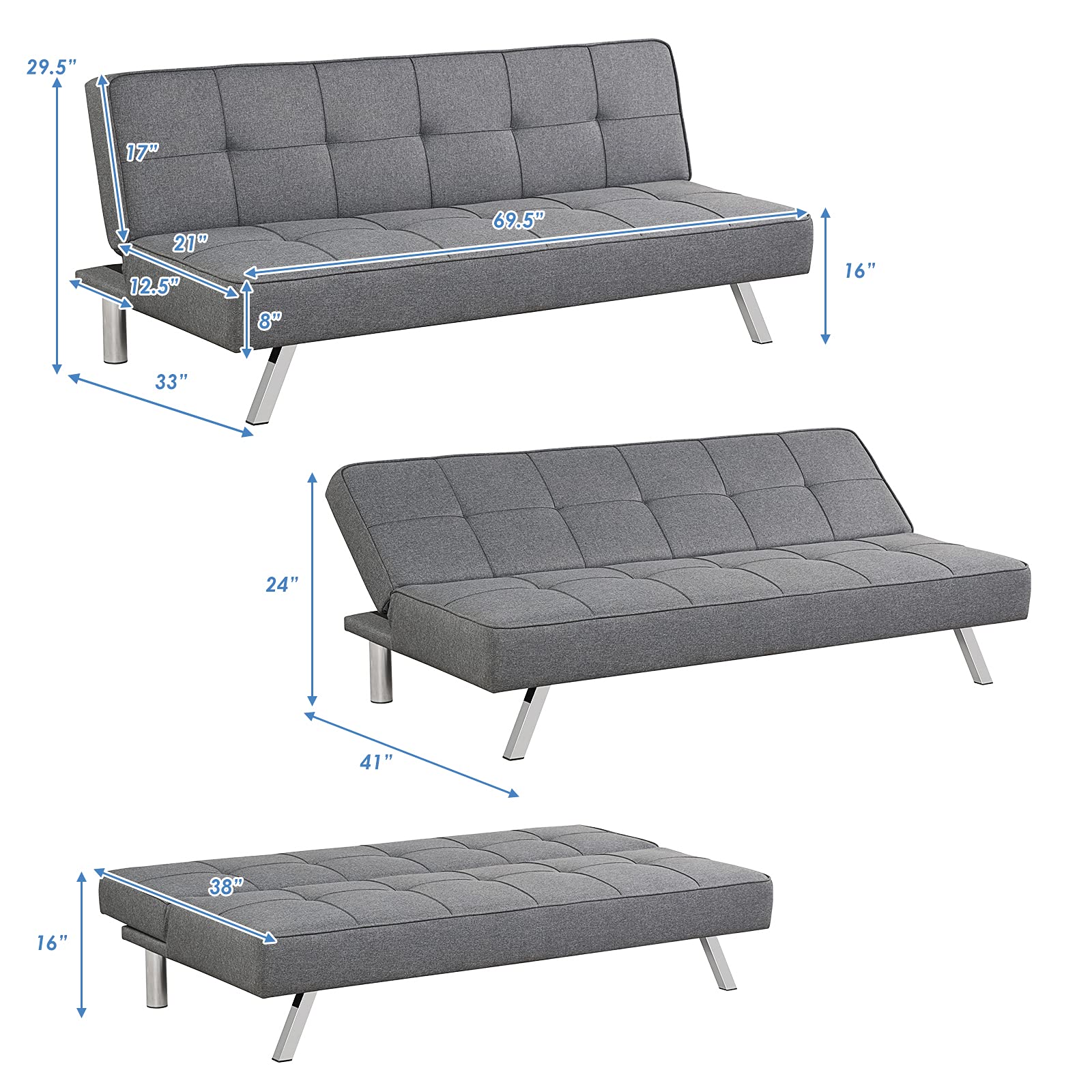 3 Seater Convertible Sofa Bed with 3 Adjustable Angles