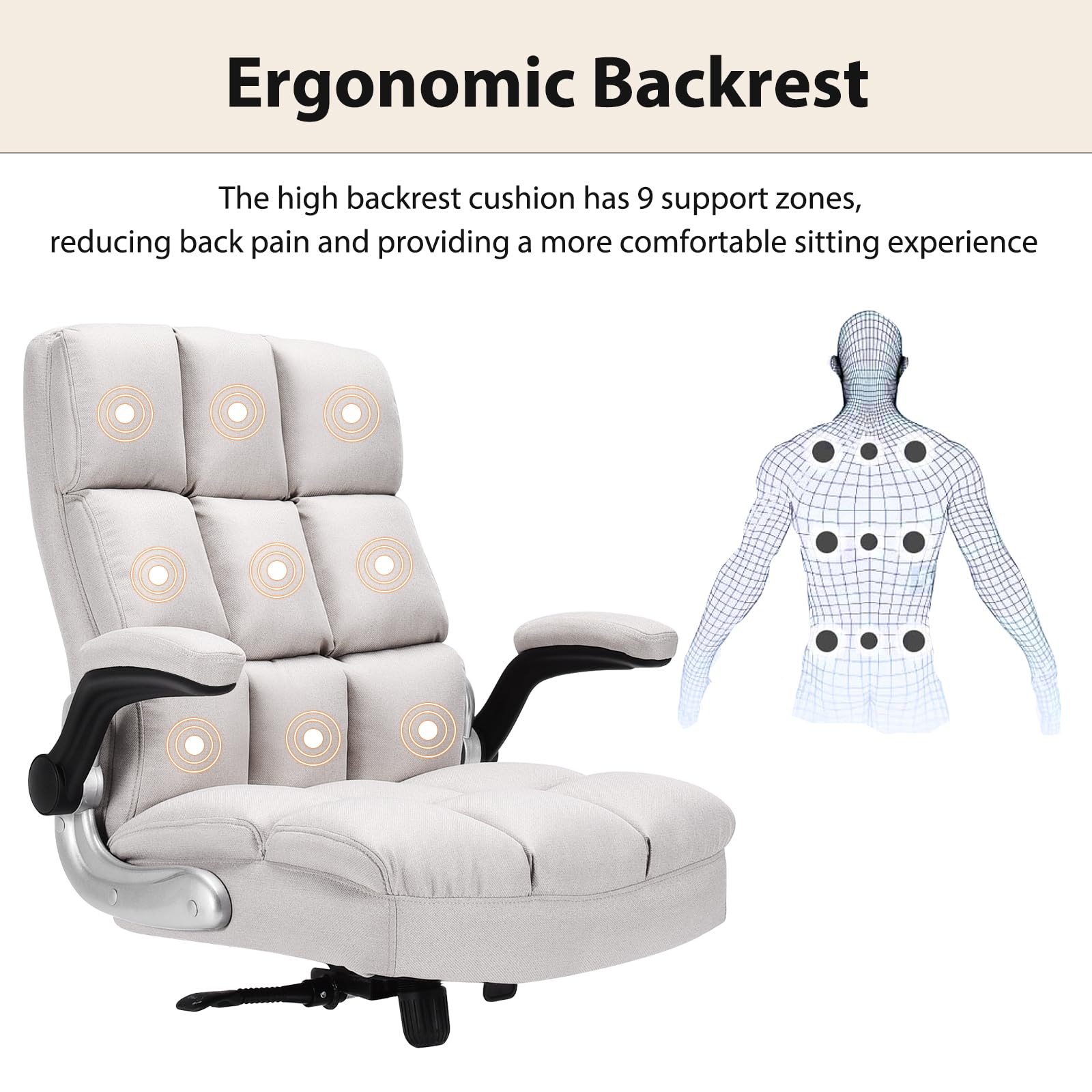 Executive Office Chair, Adjustable Tilt Angle and Flip-up Armrest Linen Fabric Upholstered Chair with Thick Padding