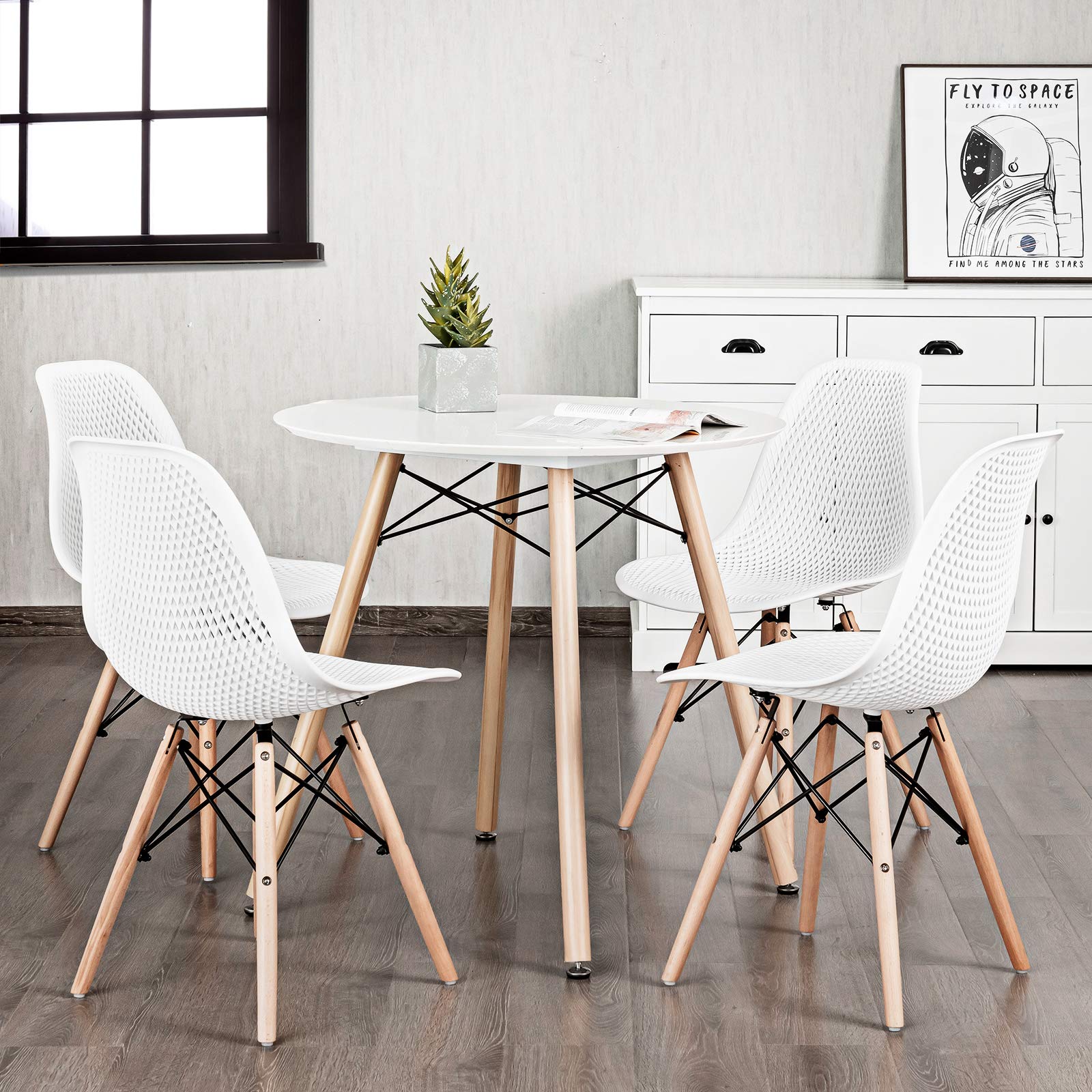 Set of 2/4 Modern Dining Chairs, Outdoor Indoor Shell PP Lounge Side Chairs with Mesh Design, Beech Wood Legs