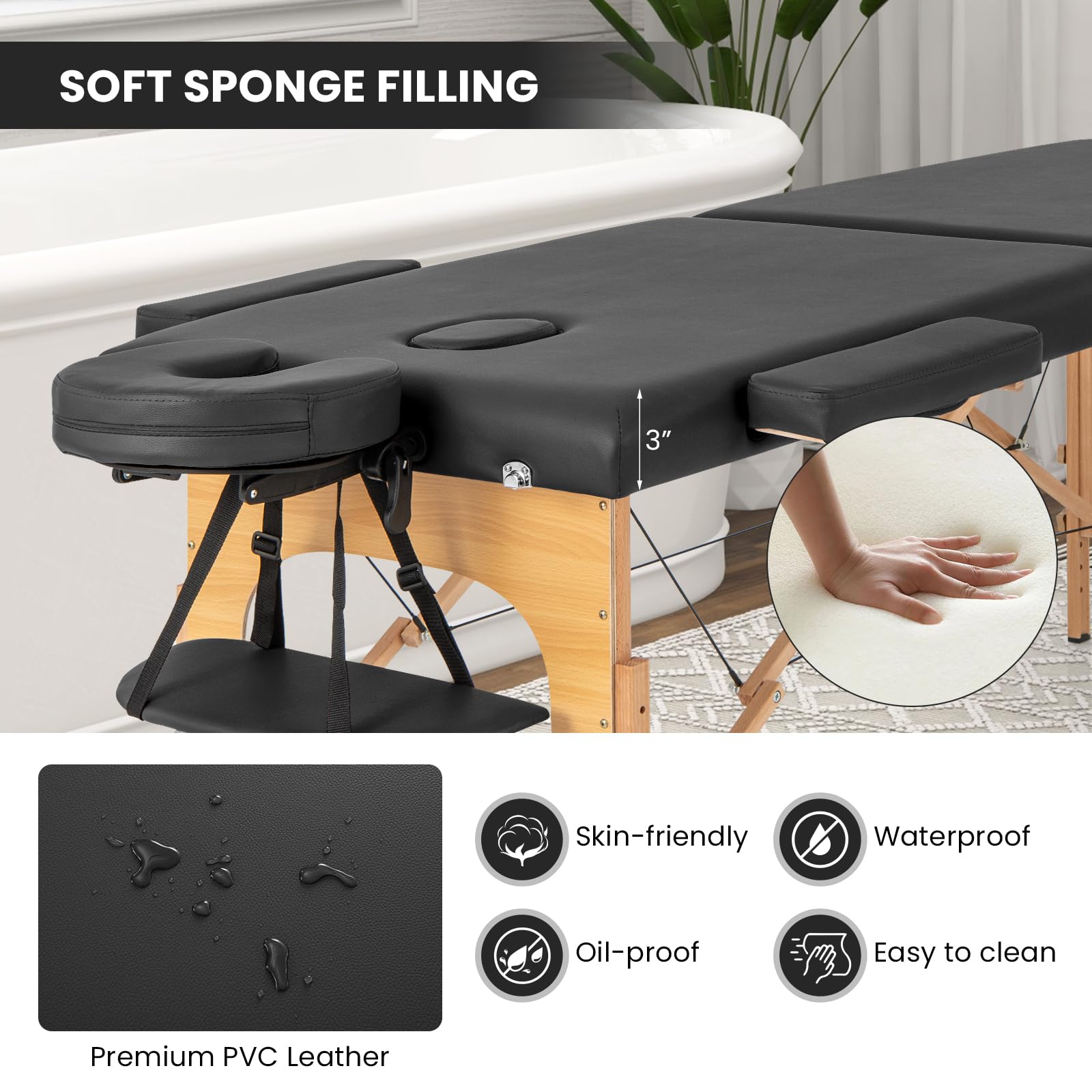 Portable Massage Bed w/Carrying Case, 2-Section Salon Spa Facial Care Tattoo Bed, Height Adjustable