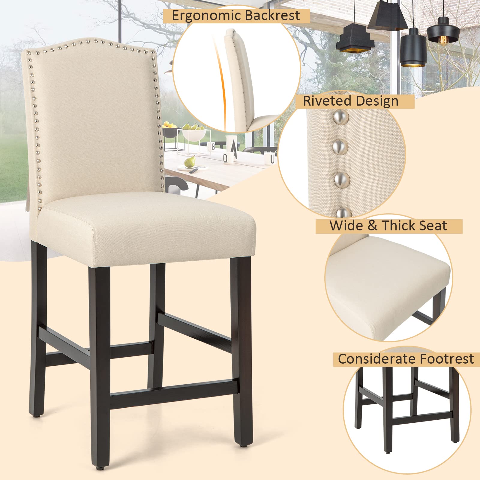 Bar Stools Set of 2/4, Counter Height Bar Dining Chairs with Rubber Wood Legs, Footrest