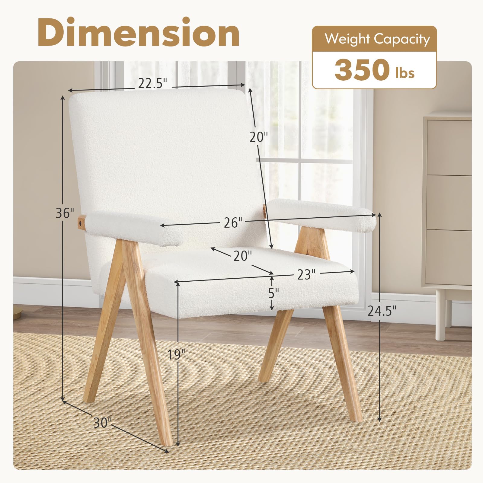 Mid-Century Modern Accent Chair, Sherpa Fabric Reading Chair with Padded Armrests, Solid Rubber Wood Frame