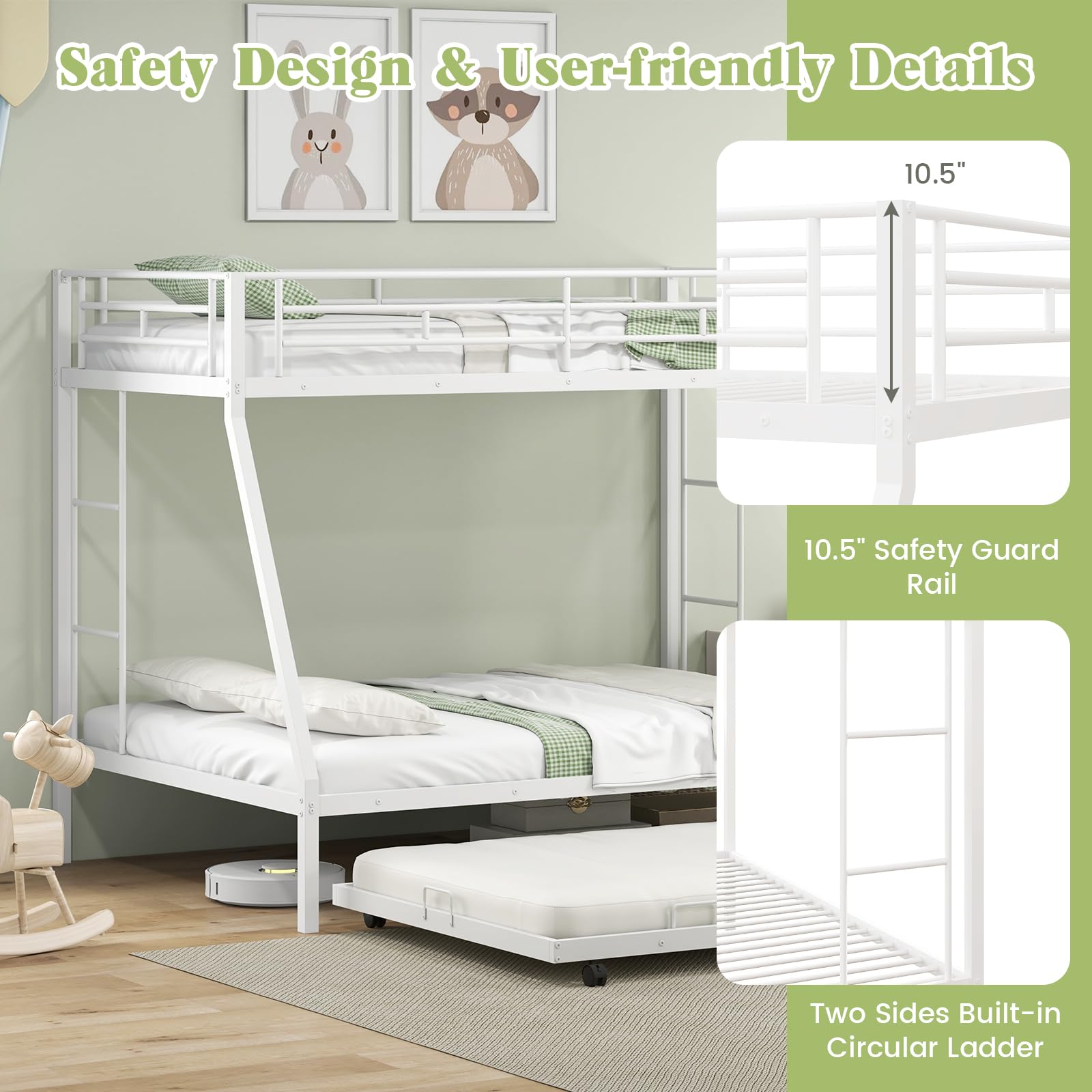 Twin Over Full Heavy-Duty Metal Bunk Bed with Trundle, Guardrail & 2 Ladders