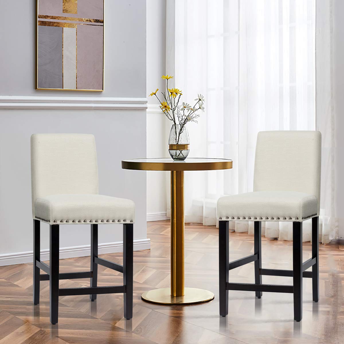 Bar Stools Set of 2/4, 25'' Counter Height Upholstered Bar Chairs w/ Rubber Wood Legs, Breathable Linen Fabric, Padded Seat & Backrest